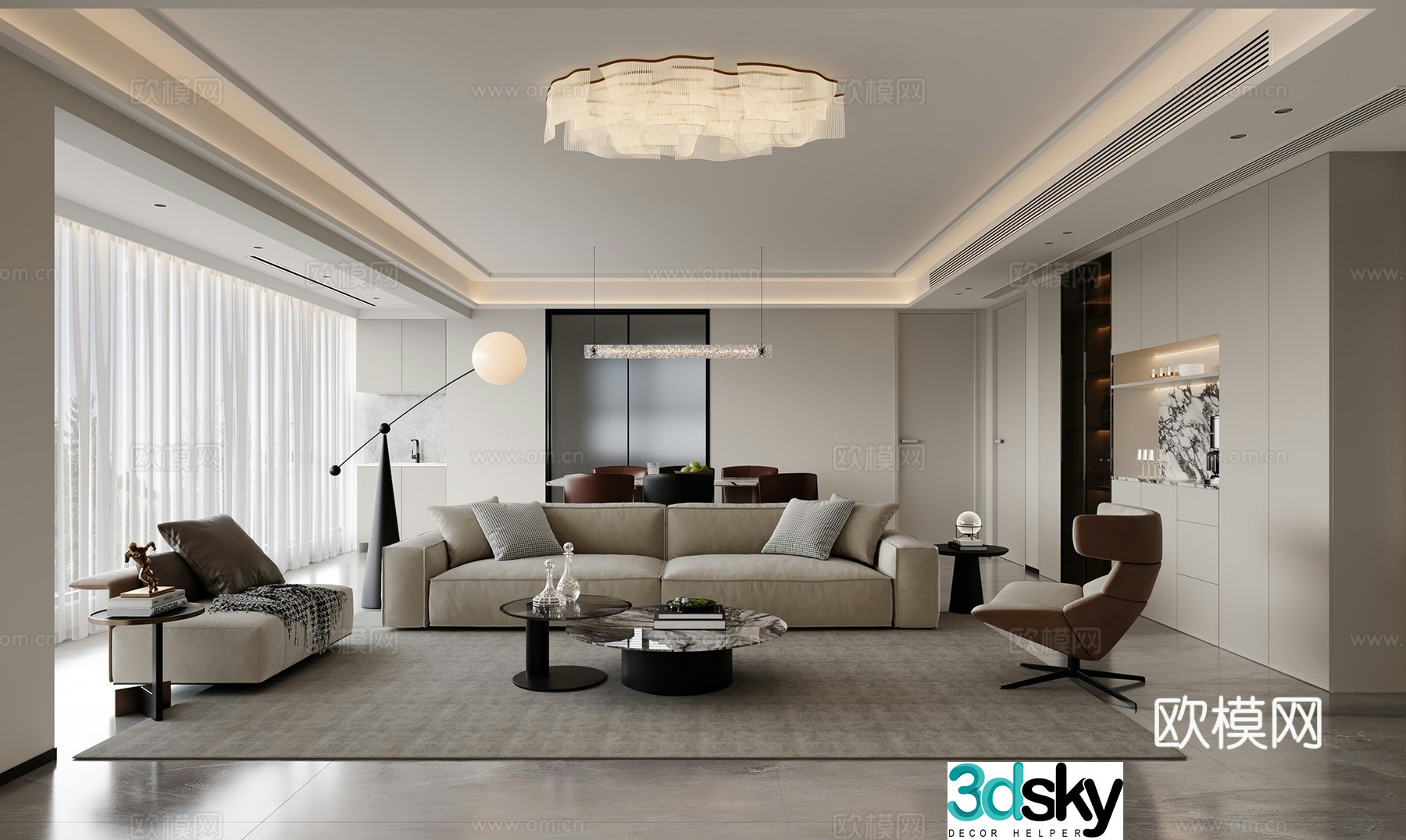 Modern living and dining room 3d model