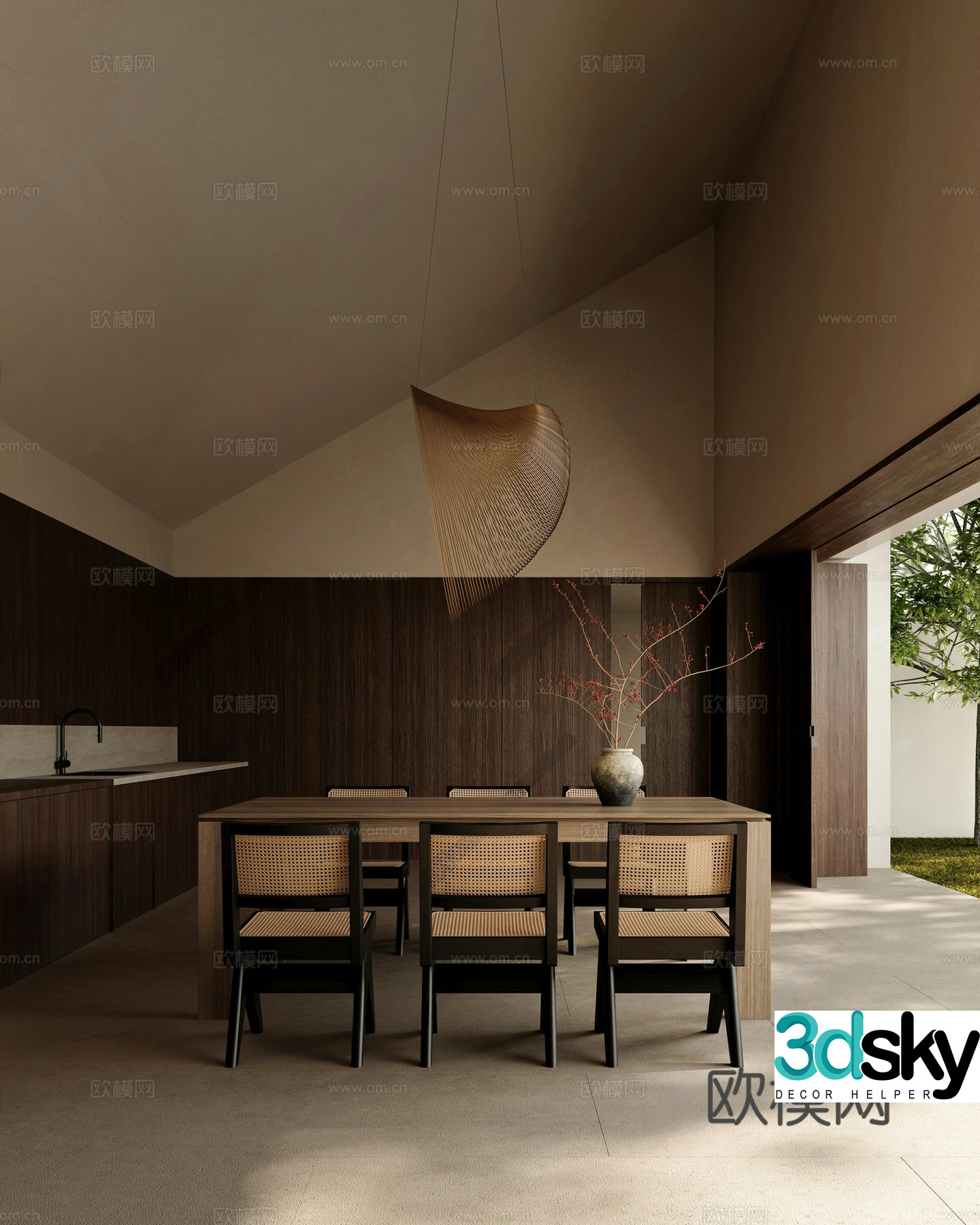 Retro Wavish Home Restaurant Open Kitchen Wavish Dining Table Chandelier Wavish Vase Wavish Door 3D Model