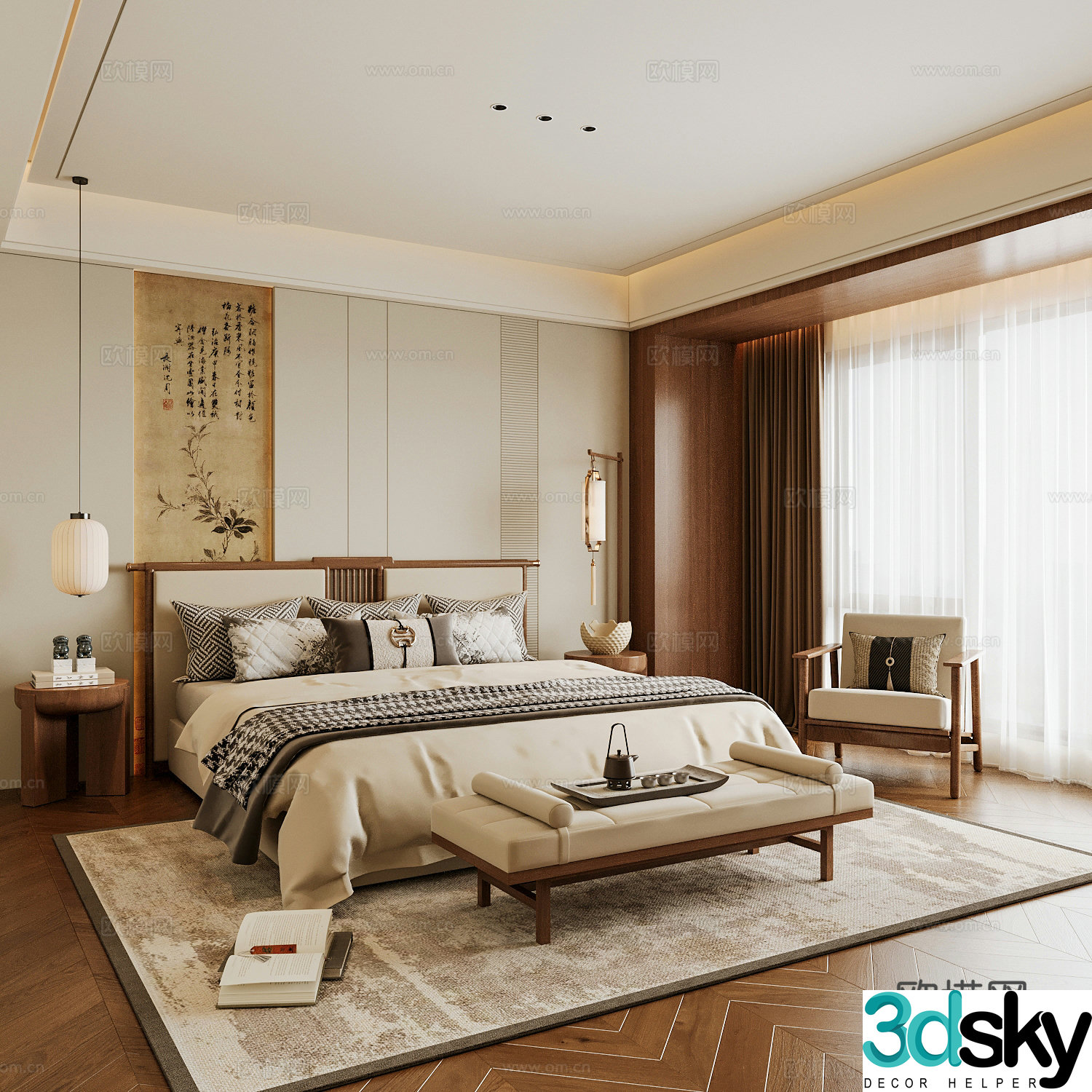 New Chinese style home bedroom Song family aesthetic bedroom Song style bedroom New Chinese style double bed 3D model