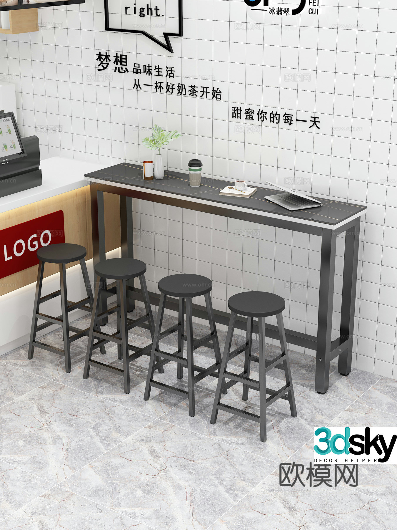 Bar table laptop coffee milk tea green plants cashier milk tea shop 3d model