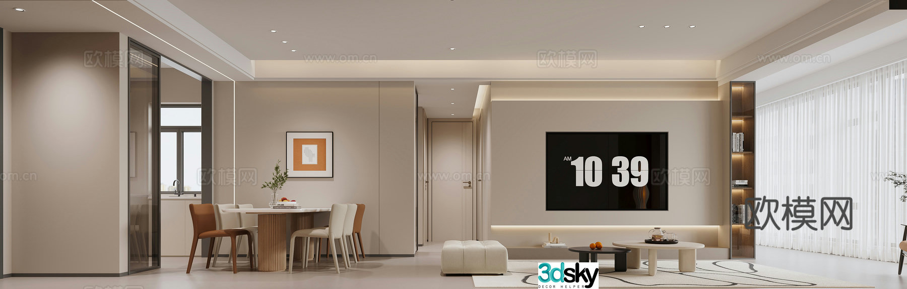 Modern living and dining room 3d model