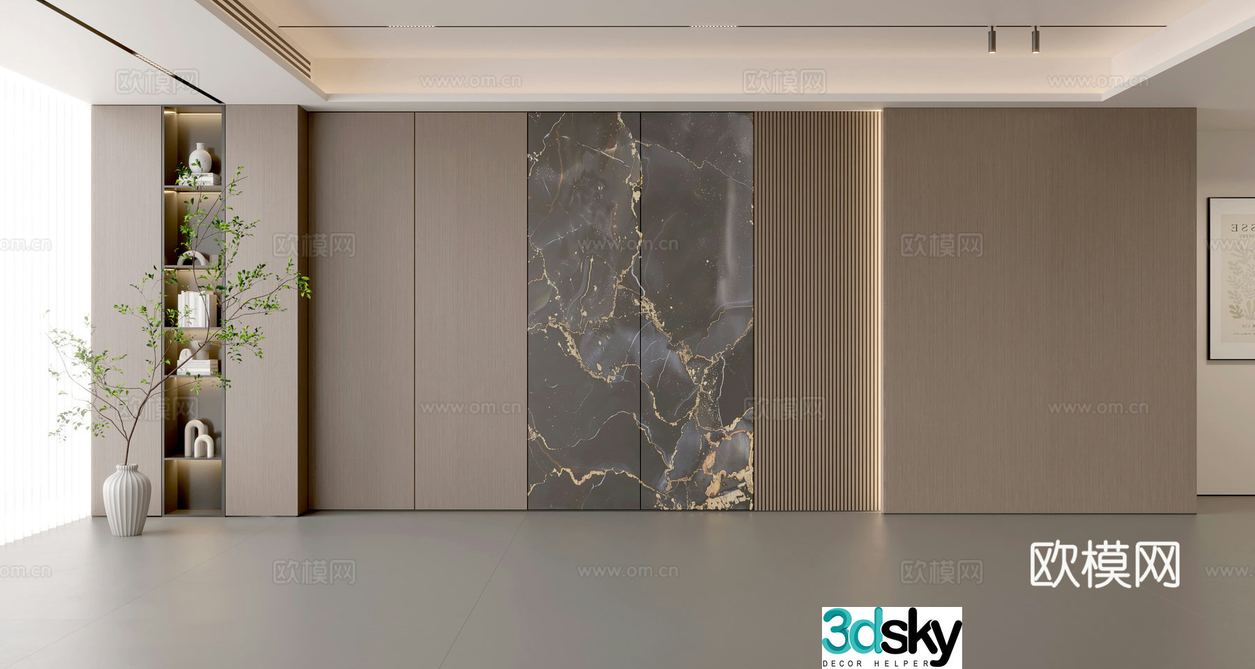 Modern Italian sofa background wall modern ornament balcony cabinet living room cabinet wood veneer background wall 3d model