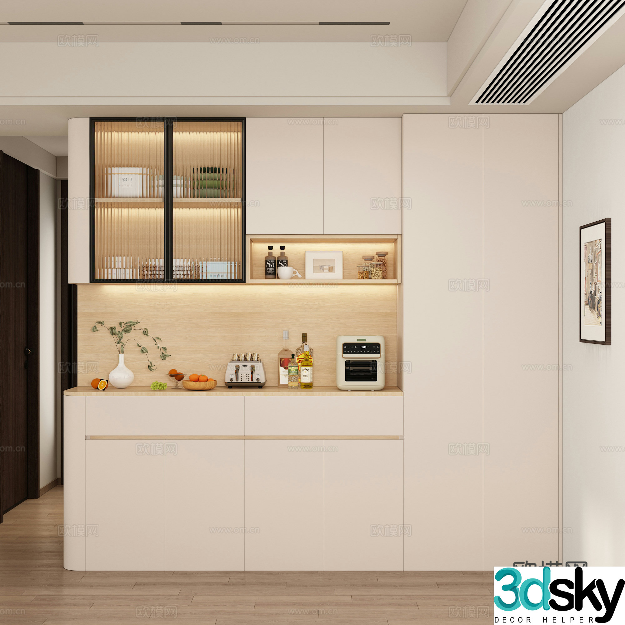 Creamy style entrance cabinet sideboard fruit vase bread machine wine kitchen supplies cup 3d model
