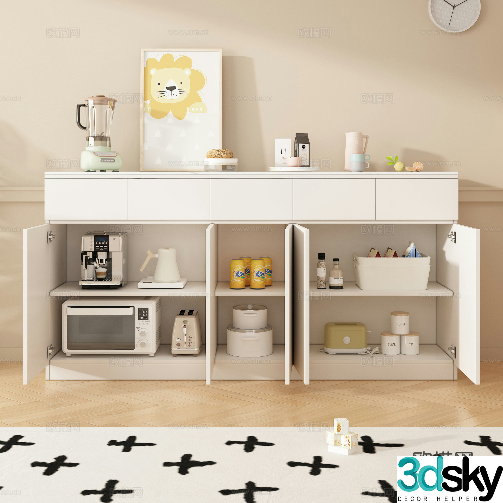 Sideboard Kitchen Supplies Decorative Painting Water Cup Fruit Microwave Drink Storage Basket 3D Model