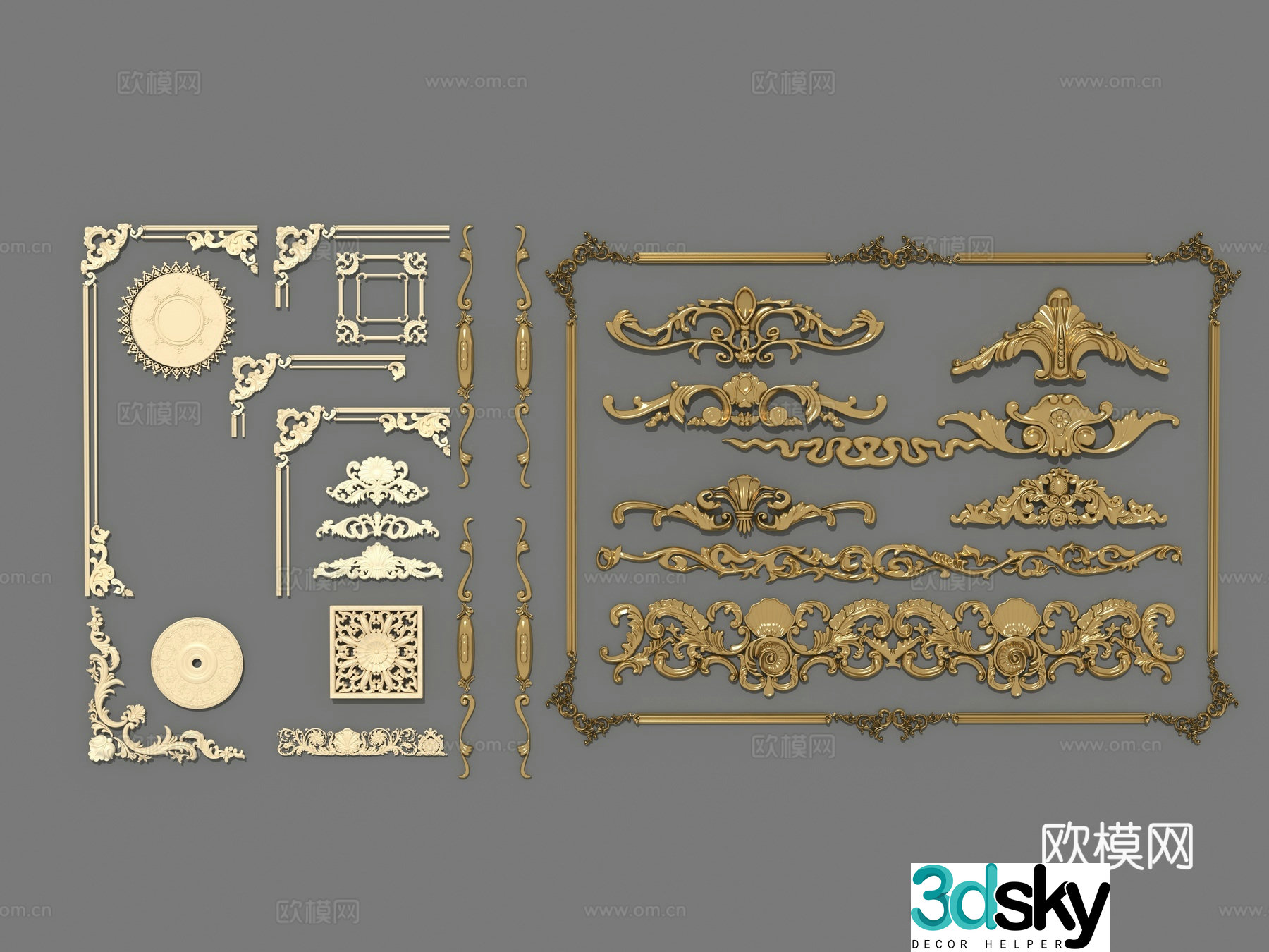 European French American embossing cornice wall skirt ceiling architectural embossing decoration combination 3D model