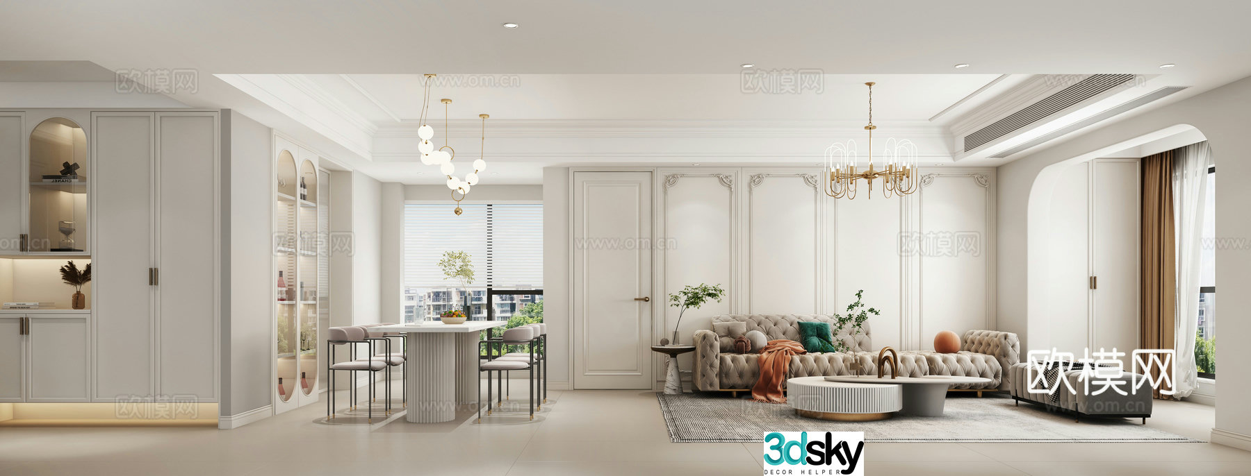 Modern French living and dining room 3d model