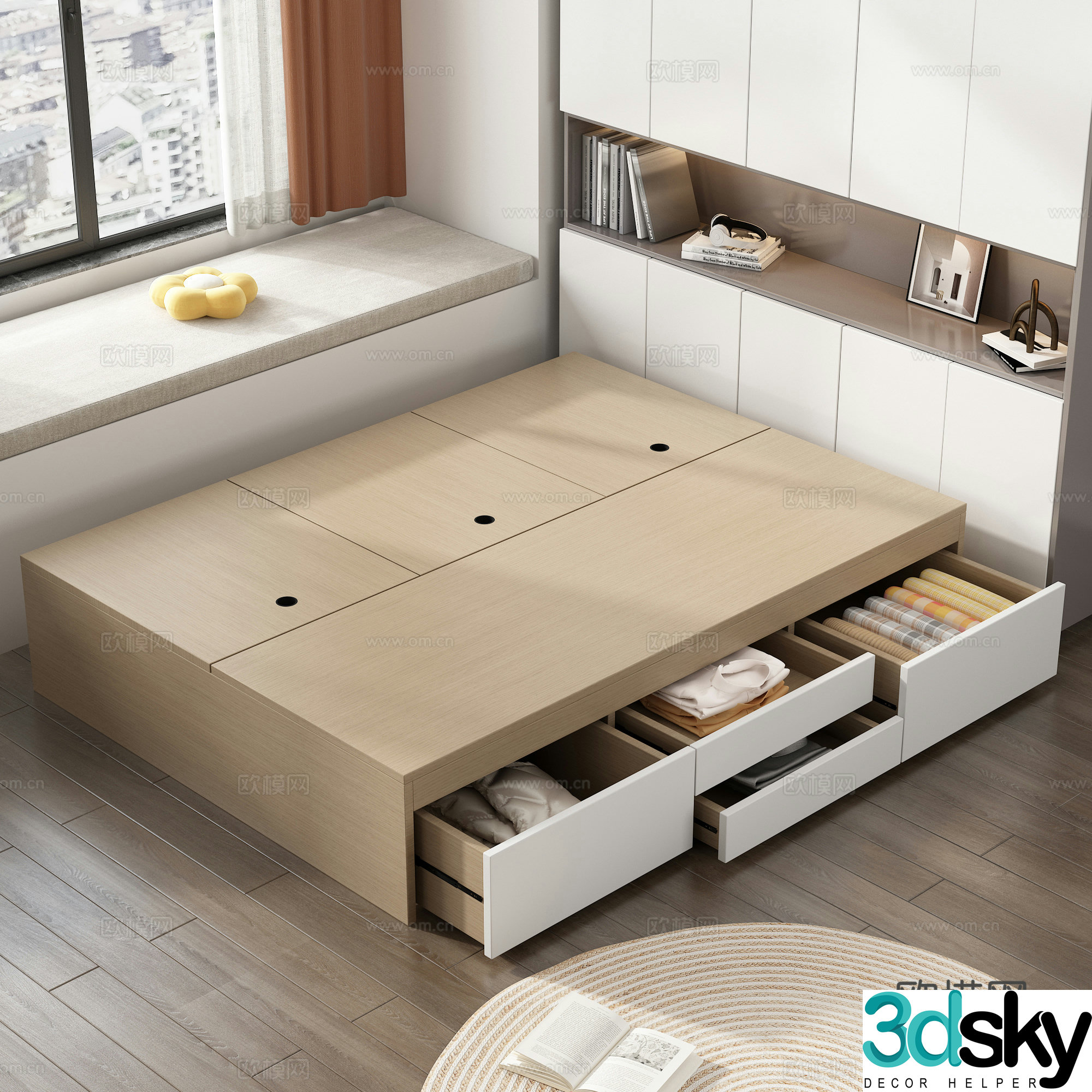 Tatami solid wood push and pull bed Folding clothes Locker Books Pillow Bathroom Window Ornaments 3D Model
