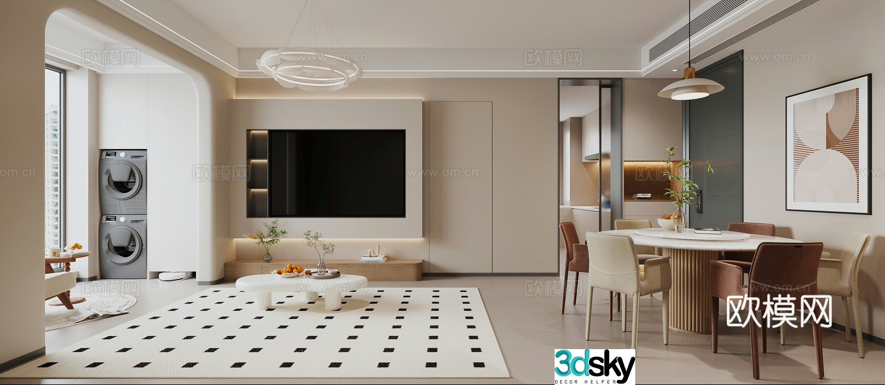 Modern living and dining room 3d model