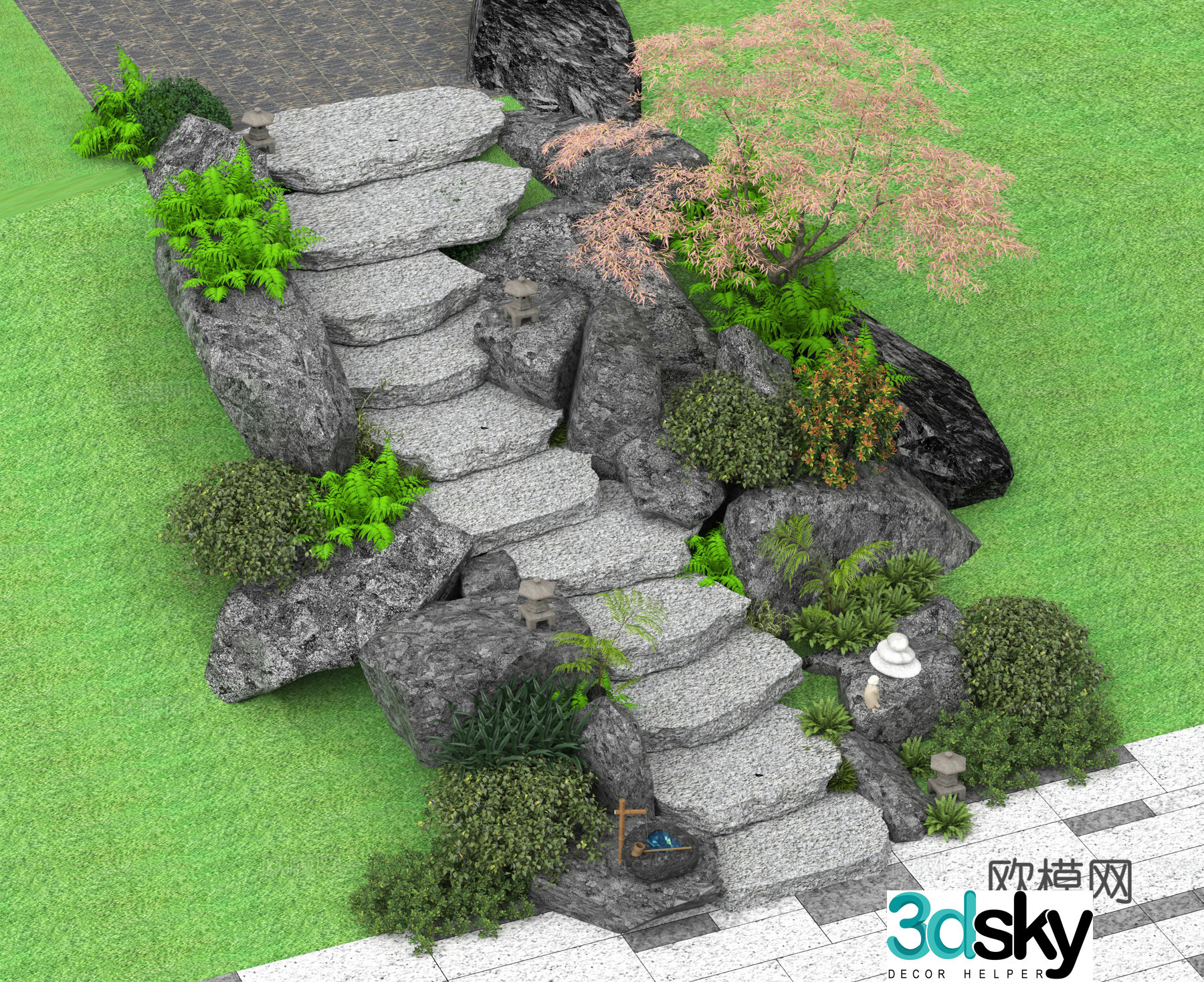 Modern sing step landscape sing step green plant pile stone park sing step 3D model
