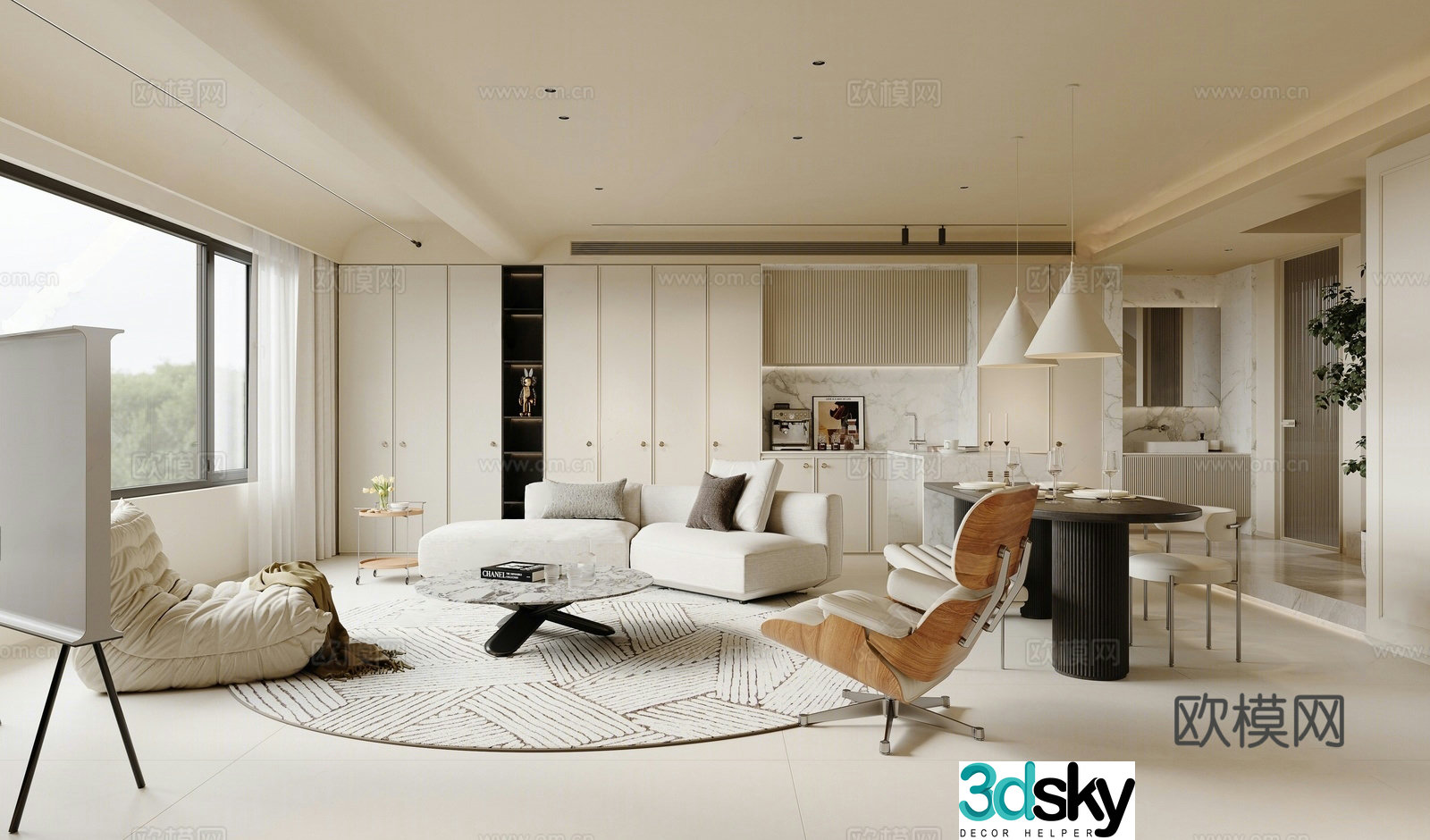 Modern cream style villa living and dining room sofa coffee table combination TV cabinet lazy sofa jewelry 3D model