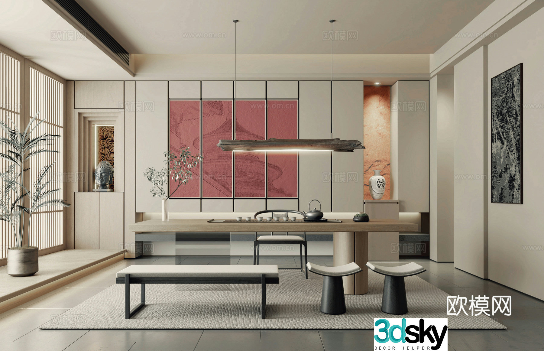New Chinese style tea room tea room background wall chandelier tea table and chair 3d model