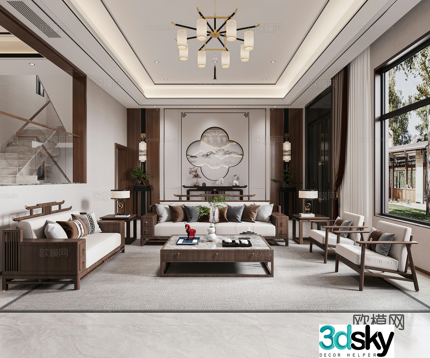 New Chinese style villa living and dining room 3D model