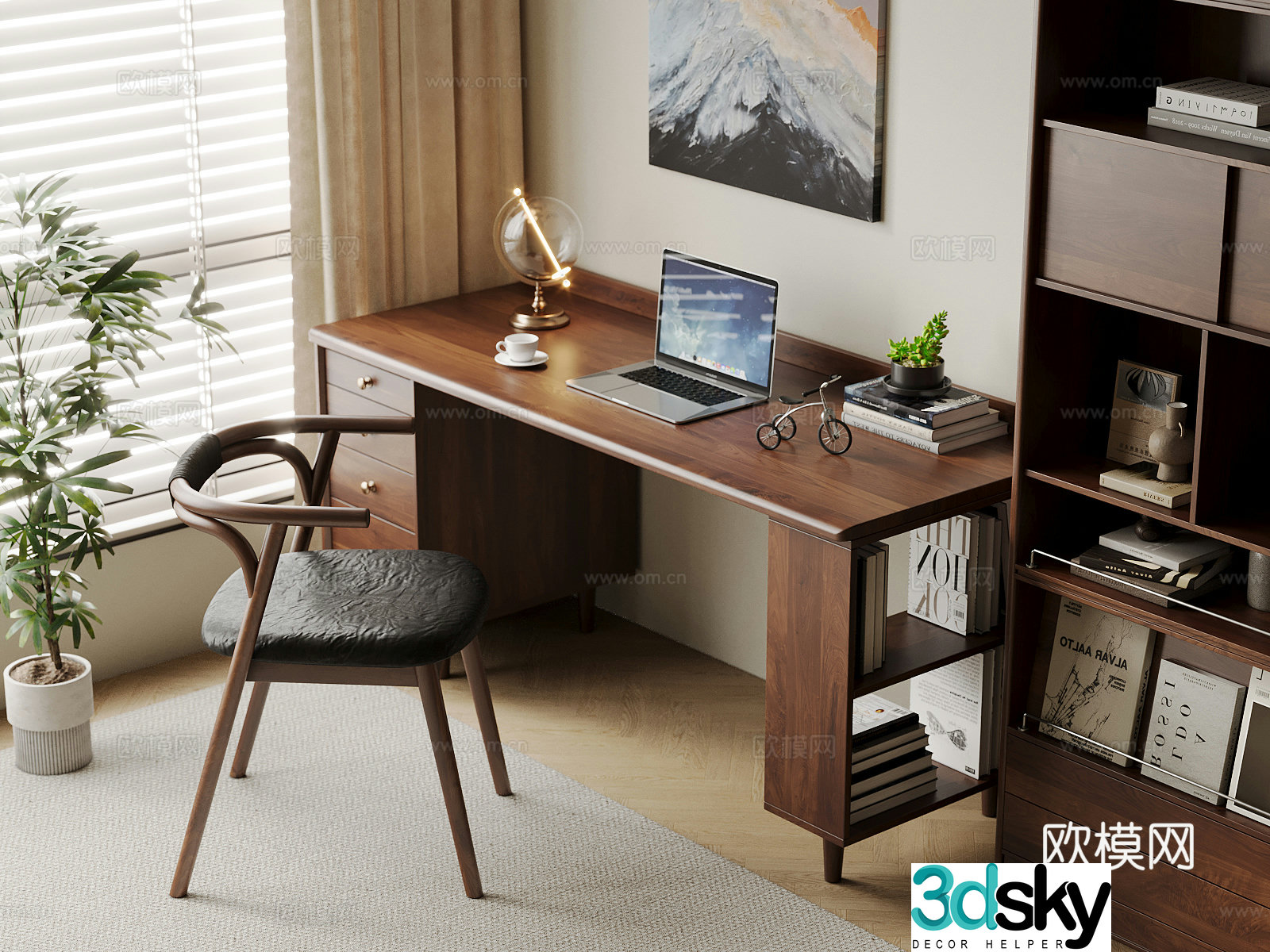 Middle-aged style desk and chair solid wood computer desk and chair writing desk study desk and chair solid wood single chair bookcase 3D model