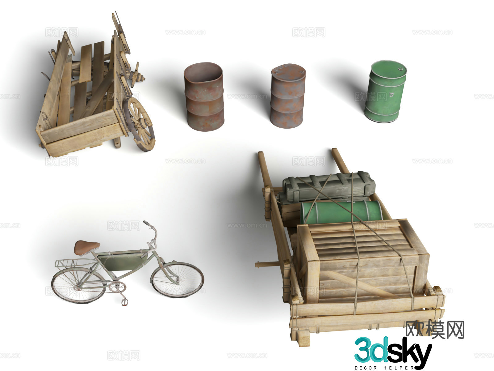 Military facilities Transport truck trolley bicycle oil barrel fuel barrel military theme 3d model