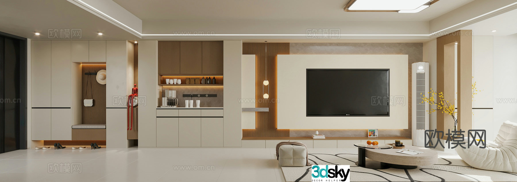 Modern living room background wall Creamy style living room background wall Shoe cabinet Side cabinet Creamy style TV back 3D model