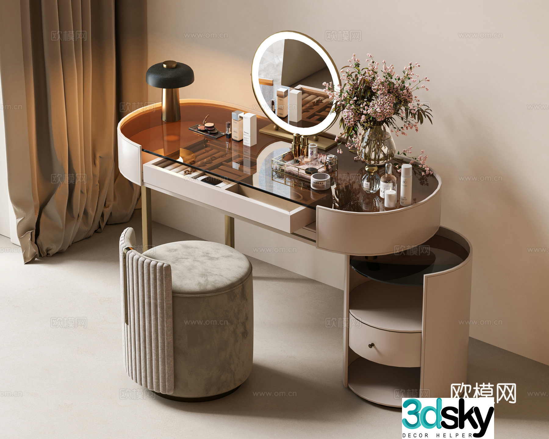 Modern light luxury dressing table jewelry box dressing table makeup stool combination cosmetics combination dressing table flower 3d model