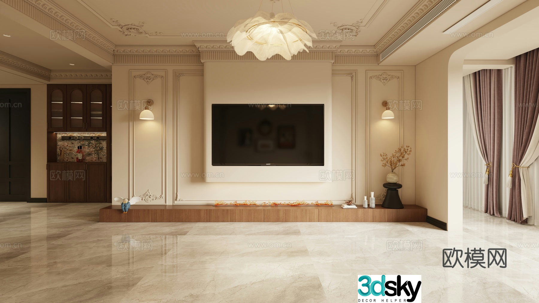 French living and dining room TV background wall 3d model
