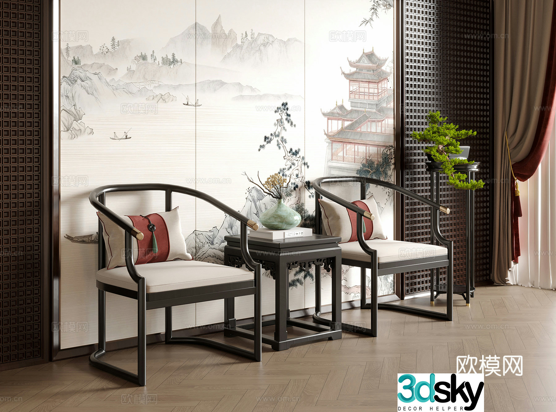 New Chinese style single chair tea chair leisure chair book chair 3d model