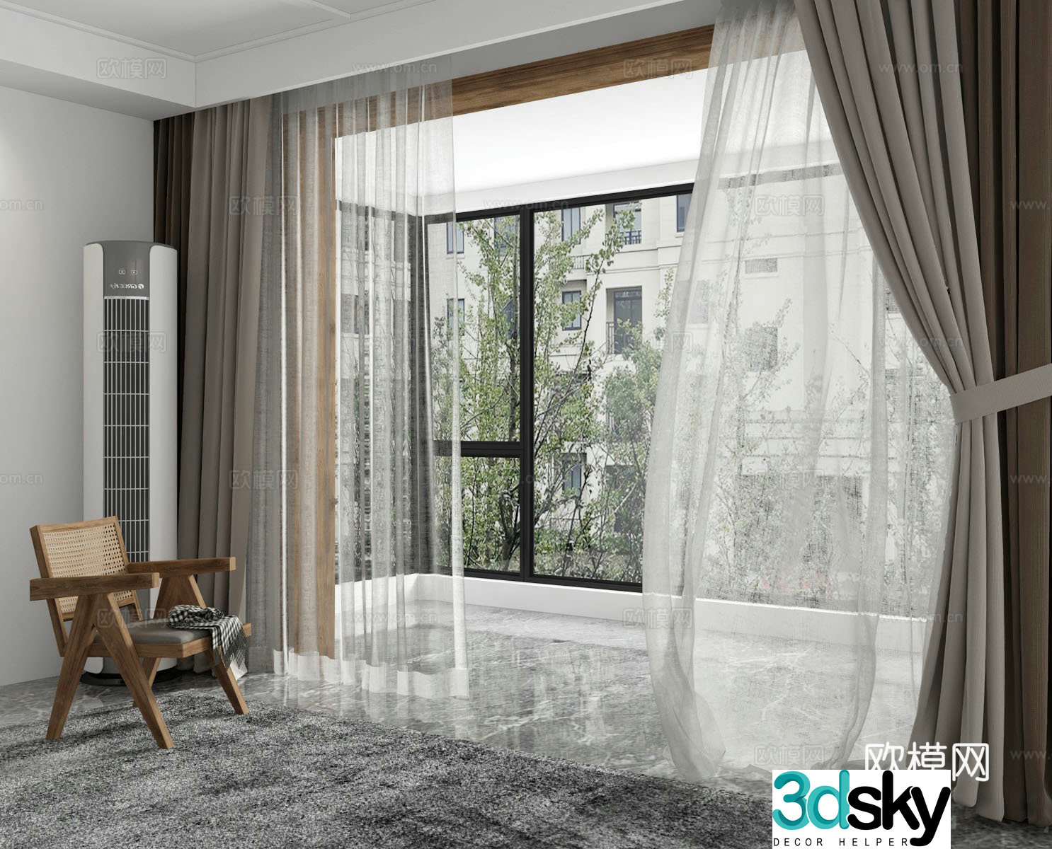 Modern curtains windows floor-to-ceiling windows balcony 3d model