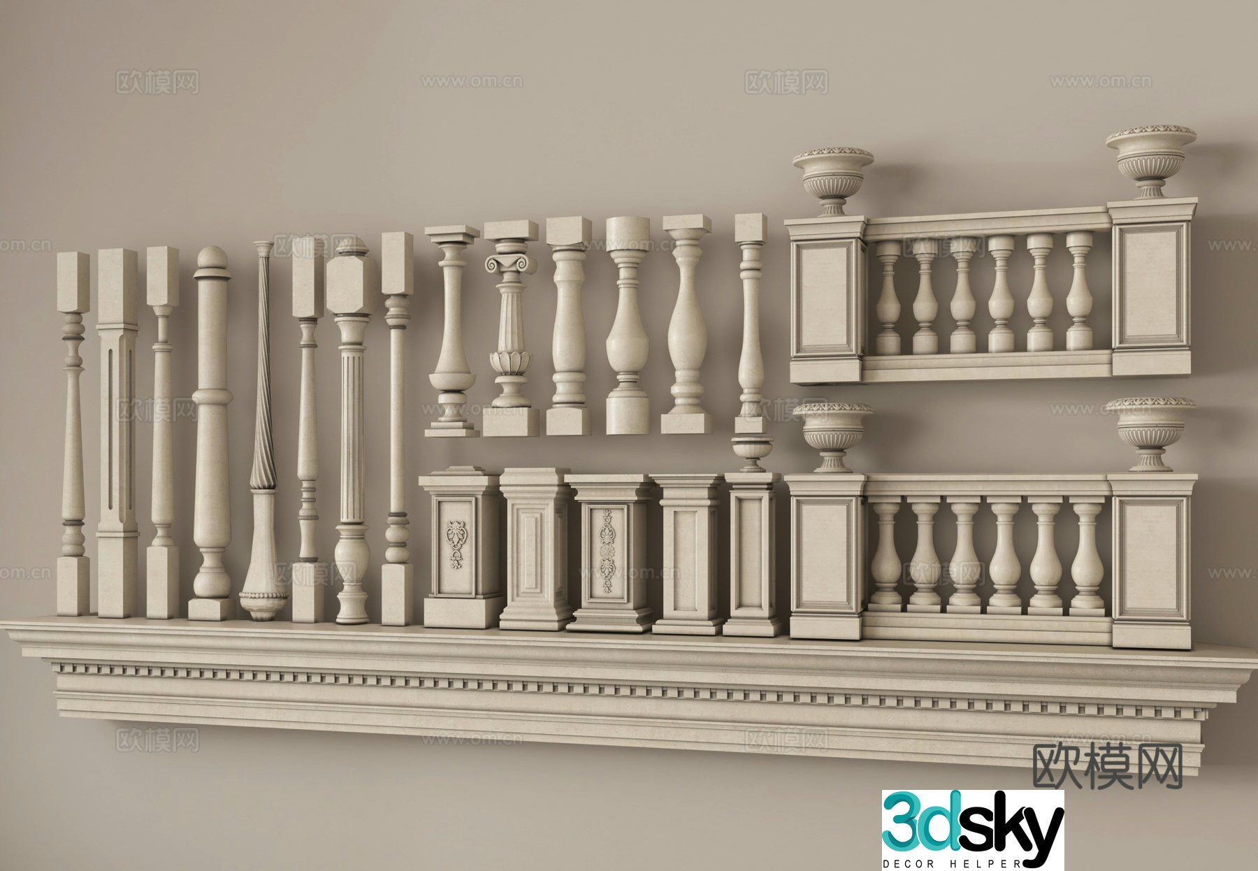 Columns Railing Columns Plasters Stair Handrails Guardrails Fences Ball Rails River Blocks 3D Model