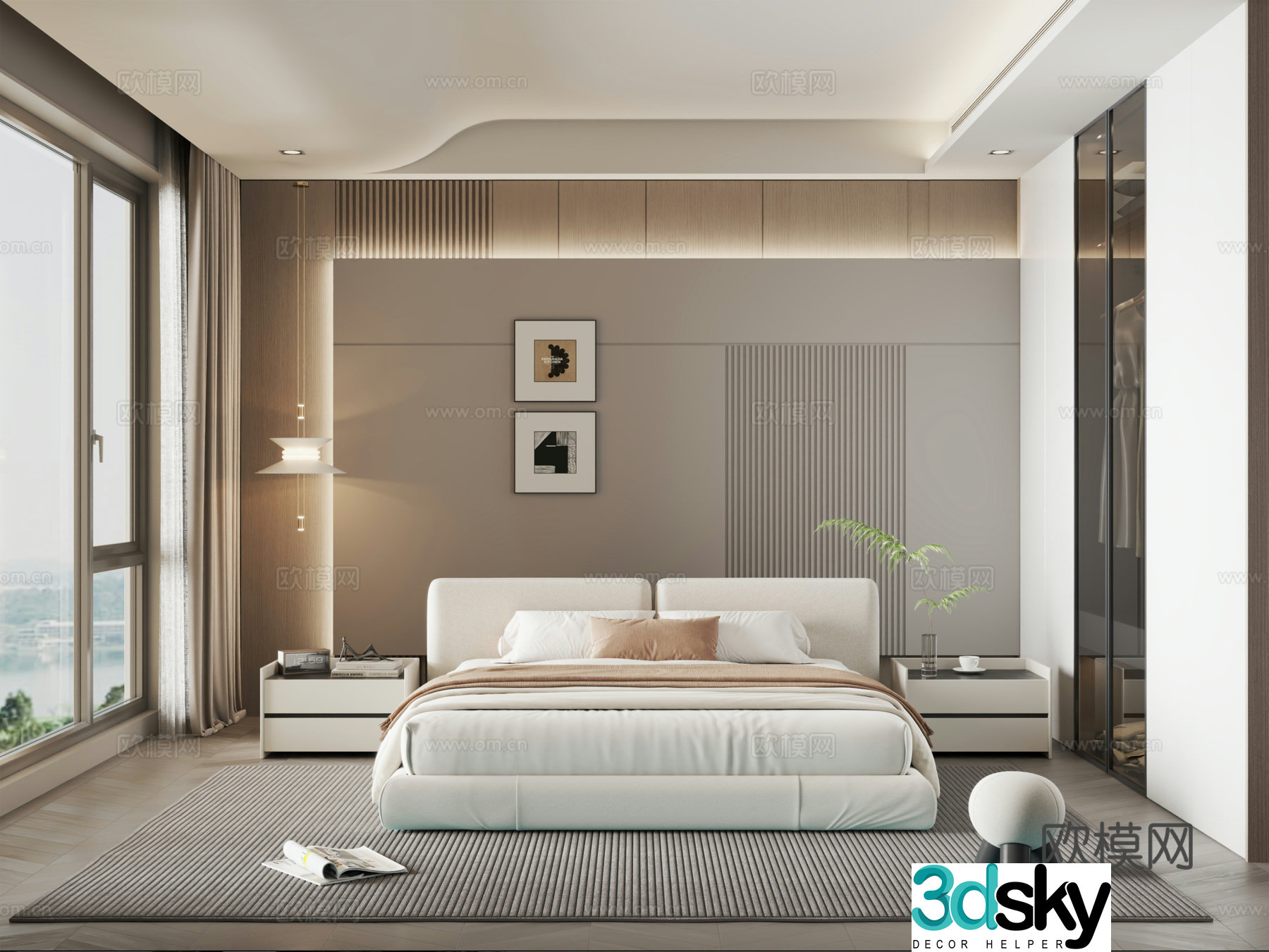 Modern home bedroom floor-to-ceiling window bedroom 3d model