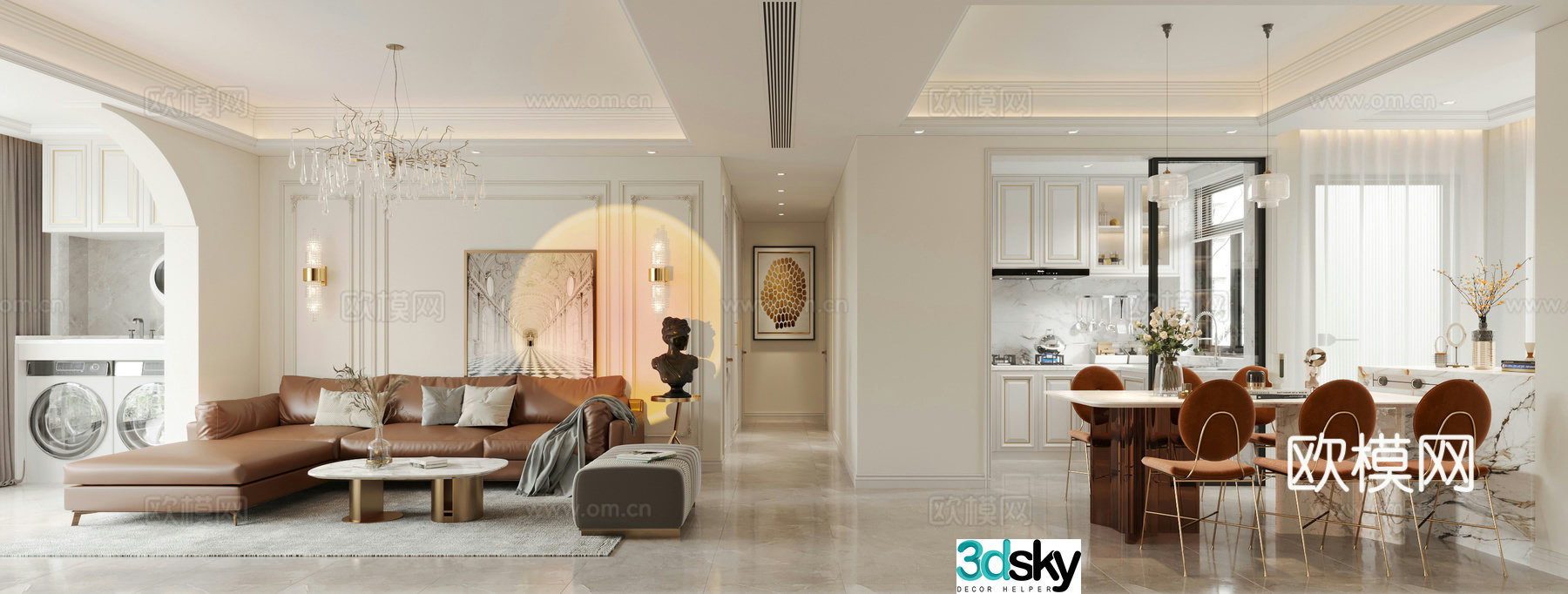 American light luxury living and restaurant 3D model
