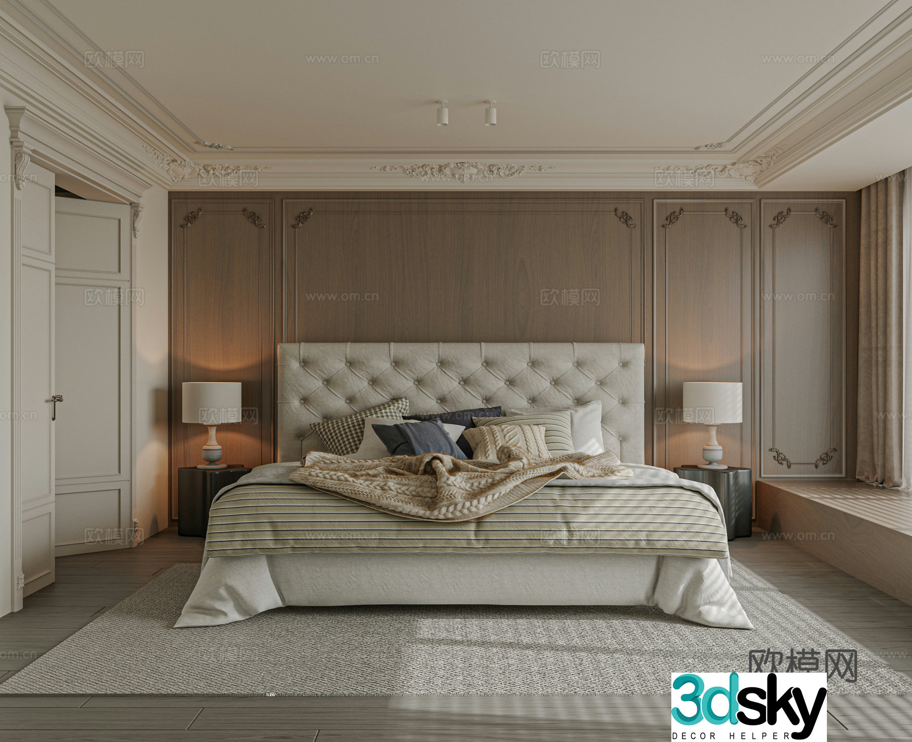 French bedroom bed nightstand accessories curtains carpet 3d model