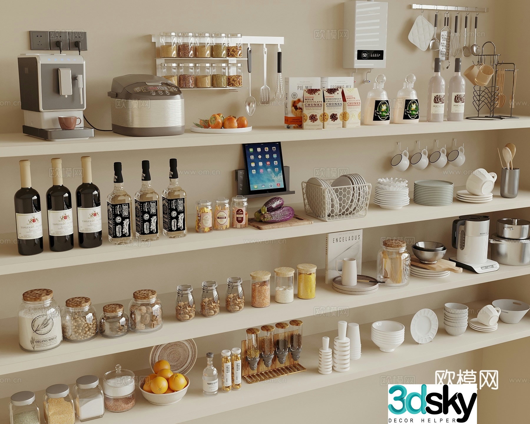Kitchen appliances Kitchen supplies Coffee machine Rice cooker Kettle Wine bottle Seasoning bottle Bowl 3d model