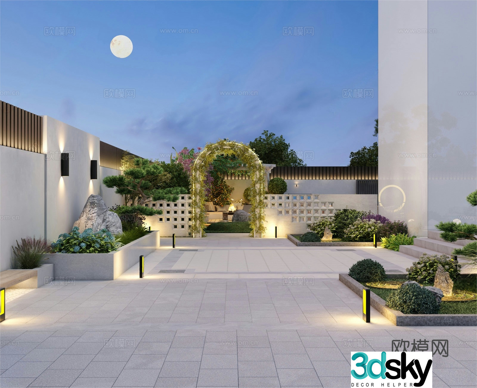 Modern courtyard landscape table and chairs view wall top view home yard 3d model