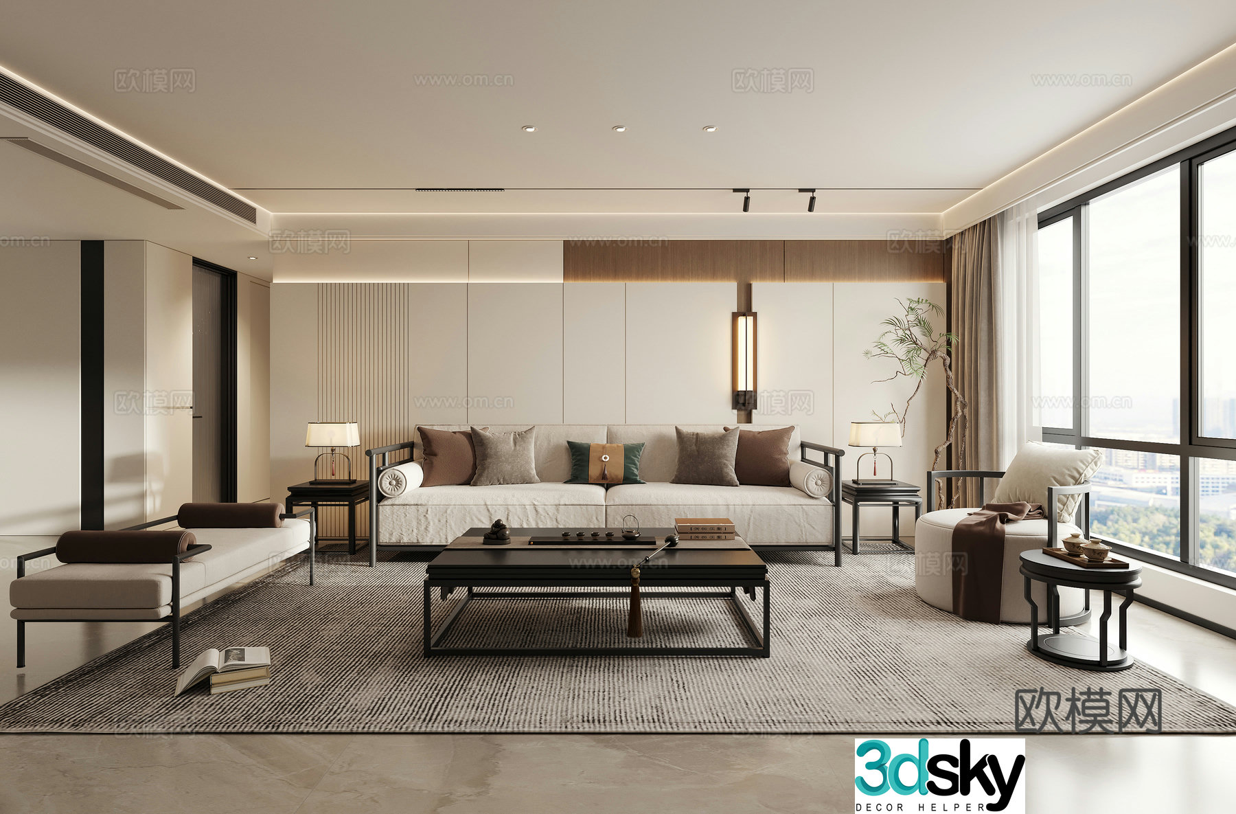 New Chinese style Zen living room combination sofa leisure chair 3D model