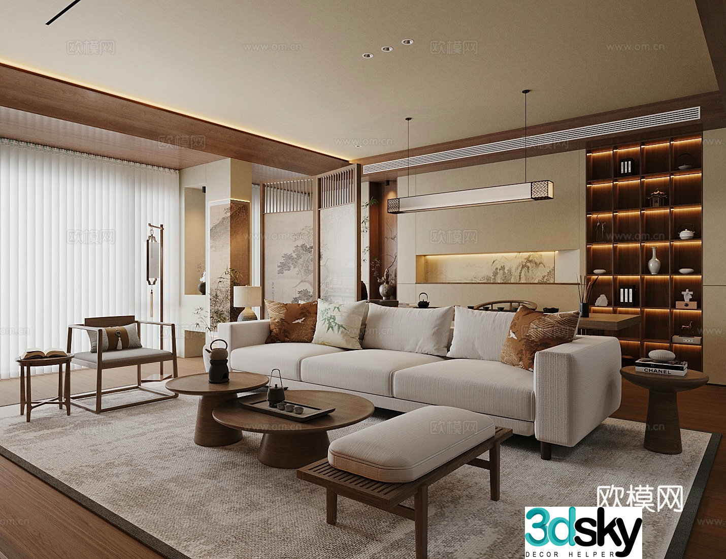 New Chinese-style home living room large living room horizontal living room design sofa coffee table combination 3D model