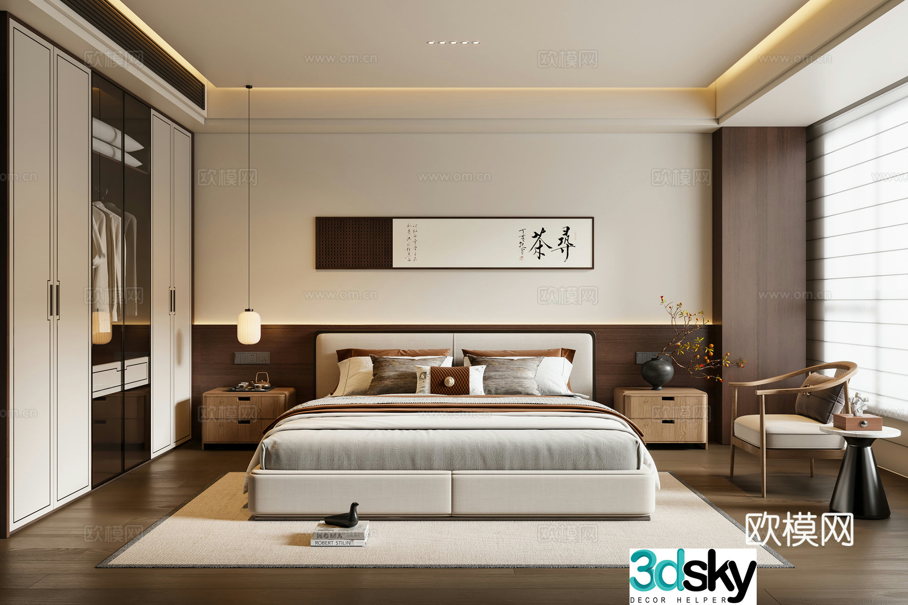 New Chinese style bedroom fabric double bed bedside table chandeliers leisure chair painting wardrobe 3d model