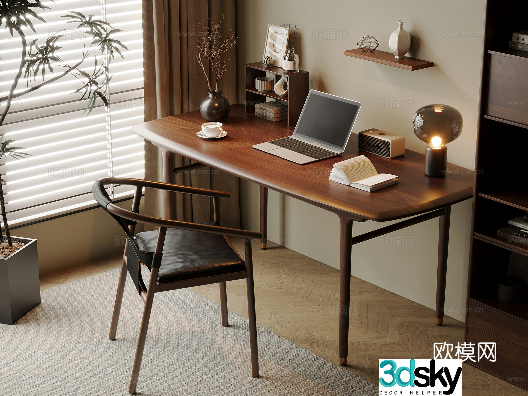 Middle-aged style desk and chair solid wood computer desk and chair writing desk study desk and chair solid wood single chair bookcase 3D model
