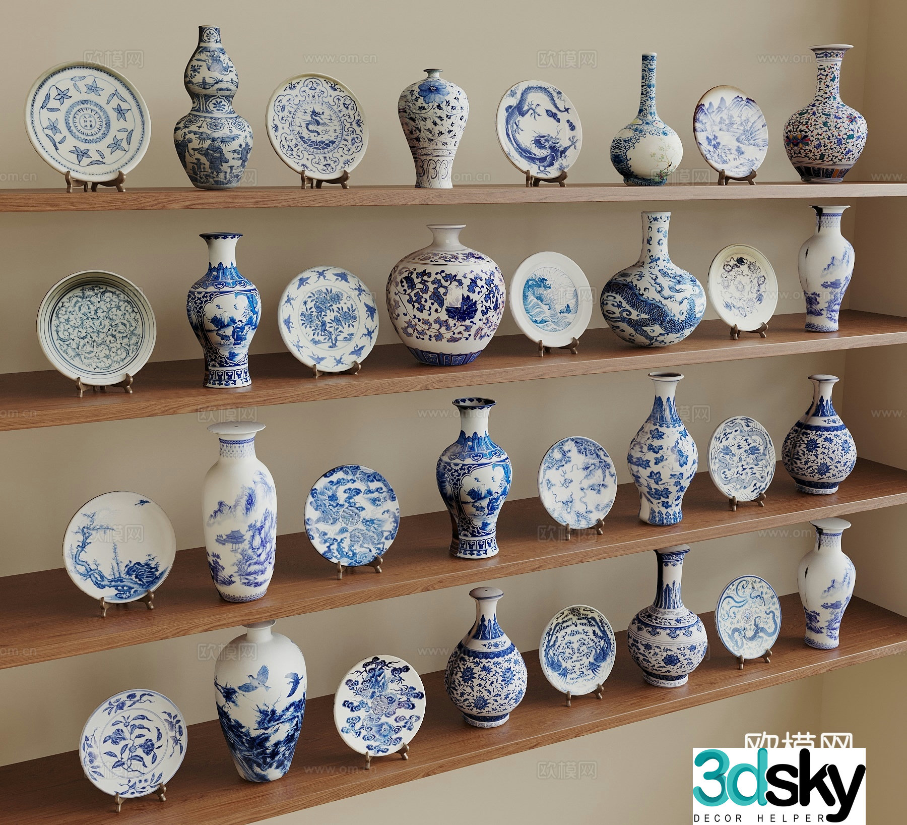 New Chinese style blue and white porcelain jar porcelain blue and white porcelain plate ceramic ware ceramic vase 3d model