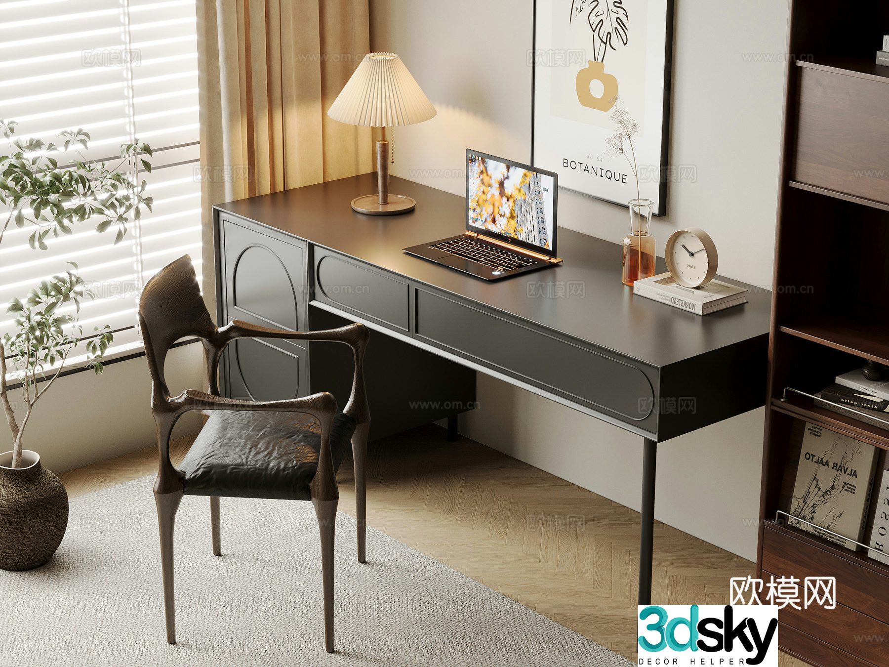 Middle-aged desk and chair Computer desk and chair Writing desk Study desk and chair Solid wood single chair Bookcase 3D model