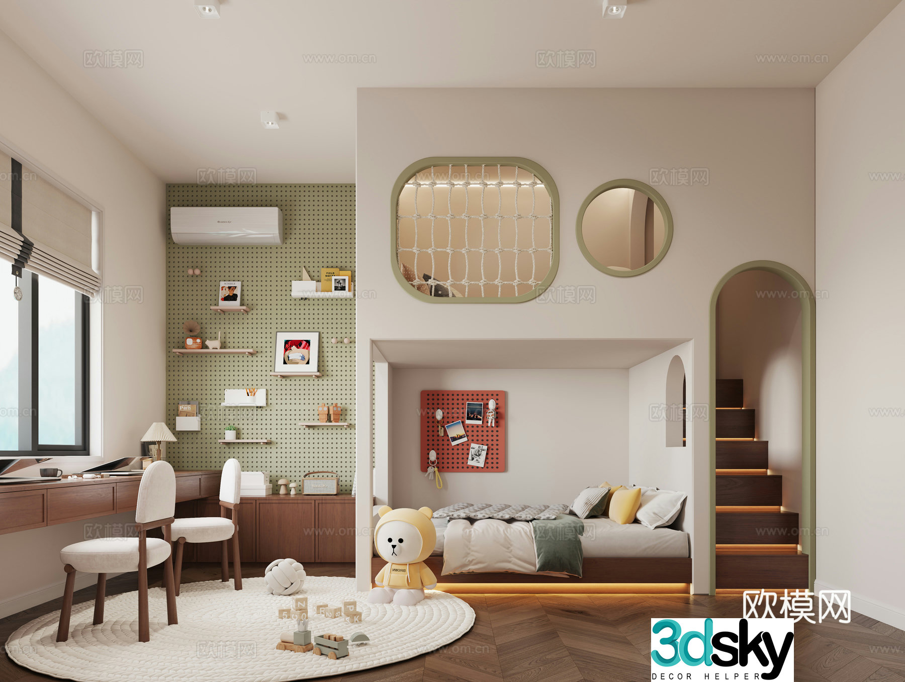 Middle-aged children’s room high and low bed tree house children’s room desk chair laminate rack 3D model