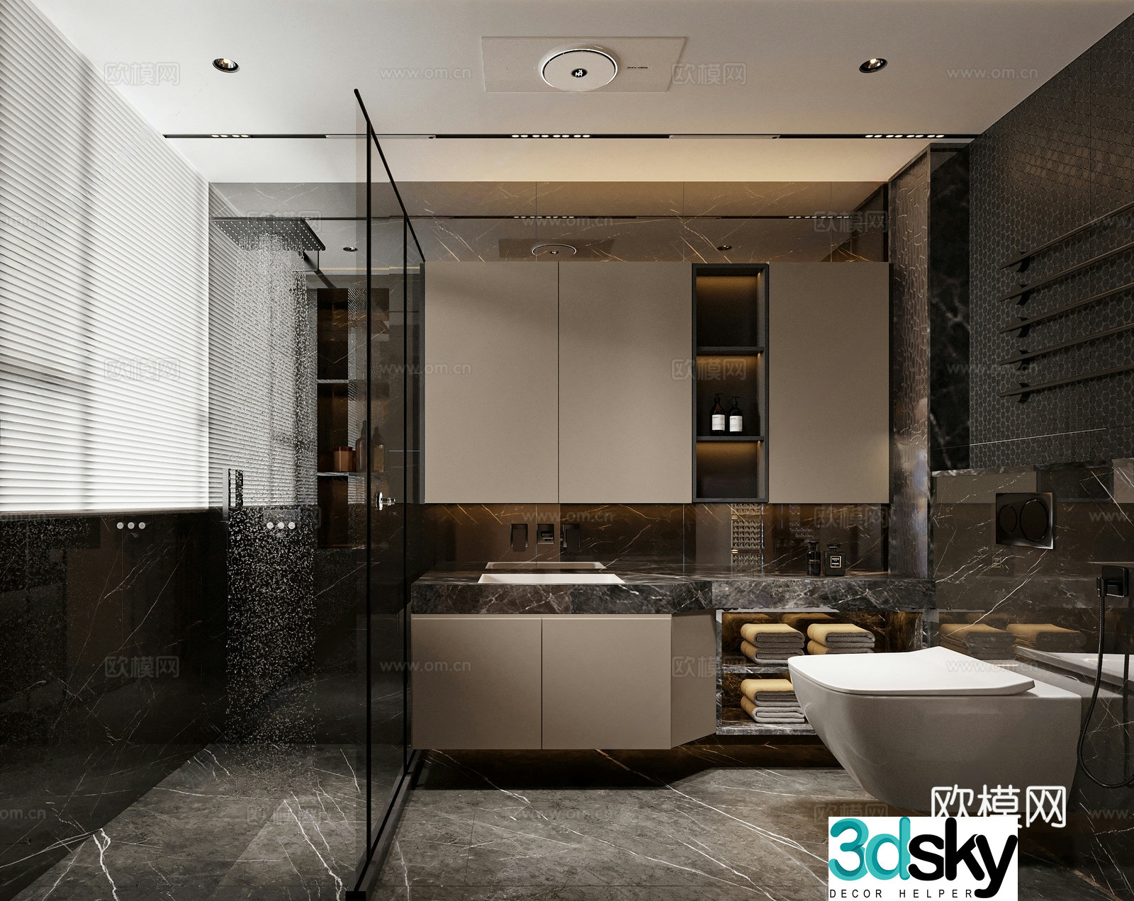 Modern dark bathroom floating toilet rain shower bathroom bathroom mirror hanging cabinet 3D model