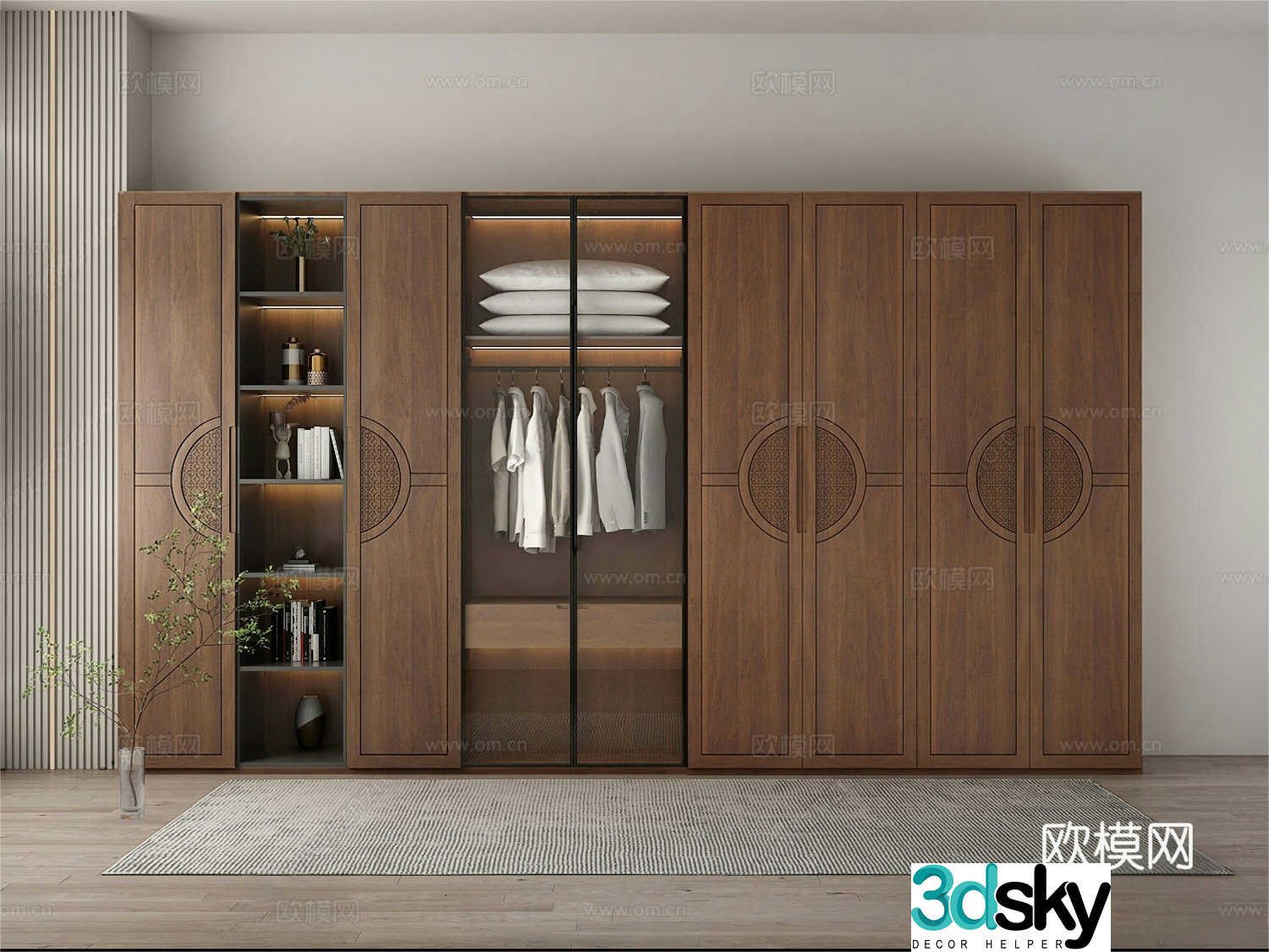 New Chinese style wardrobe carved cabinet door black walnut glass door side cabinet model 3D model