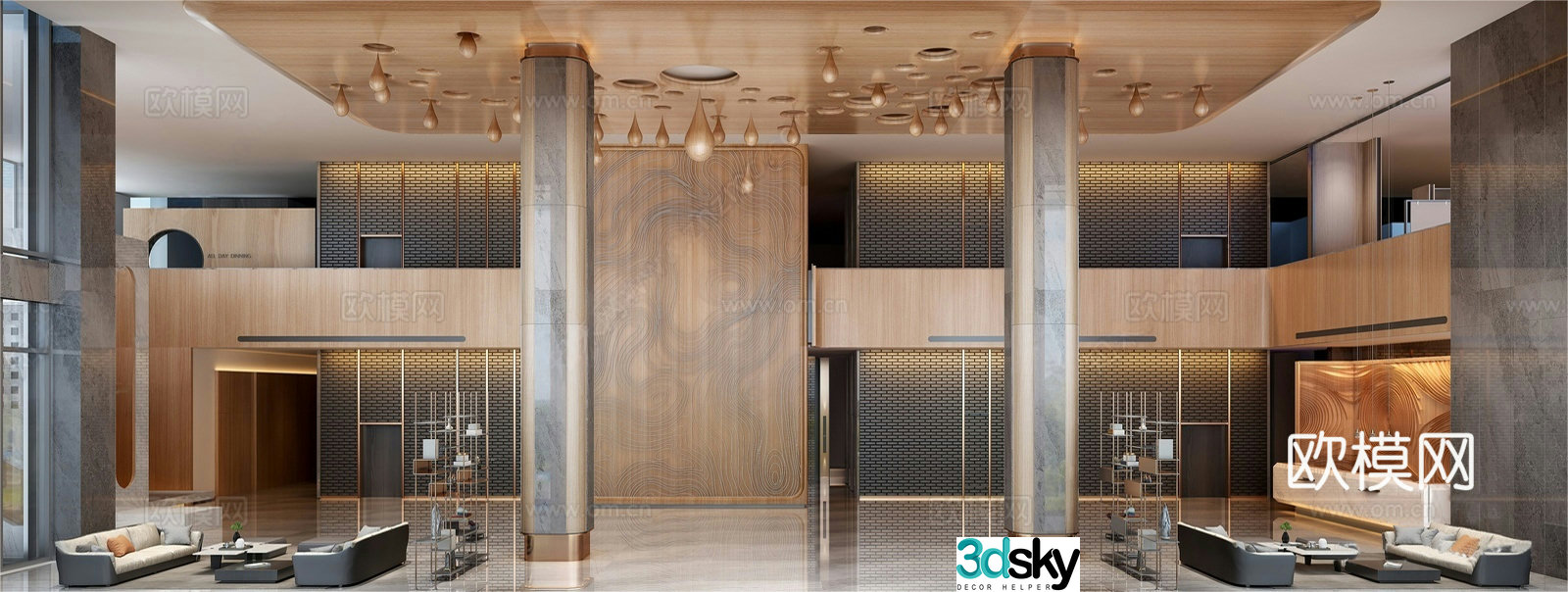 Modern hotel lobby art installation reception desk lounge area 3D model