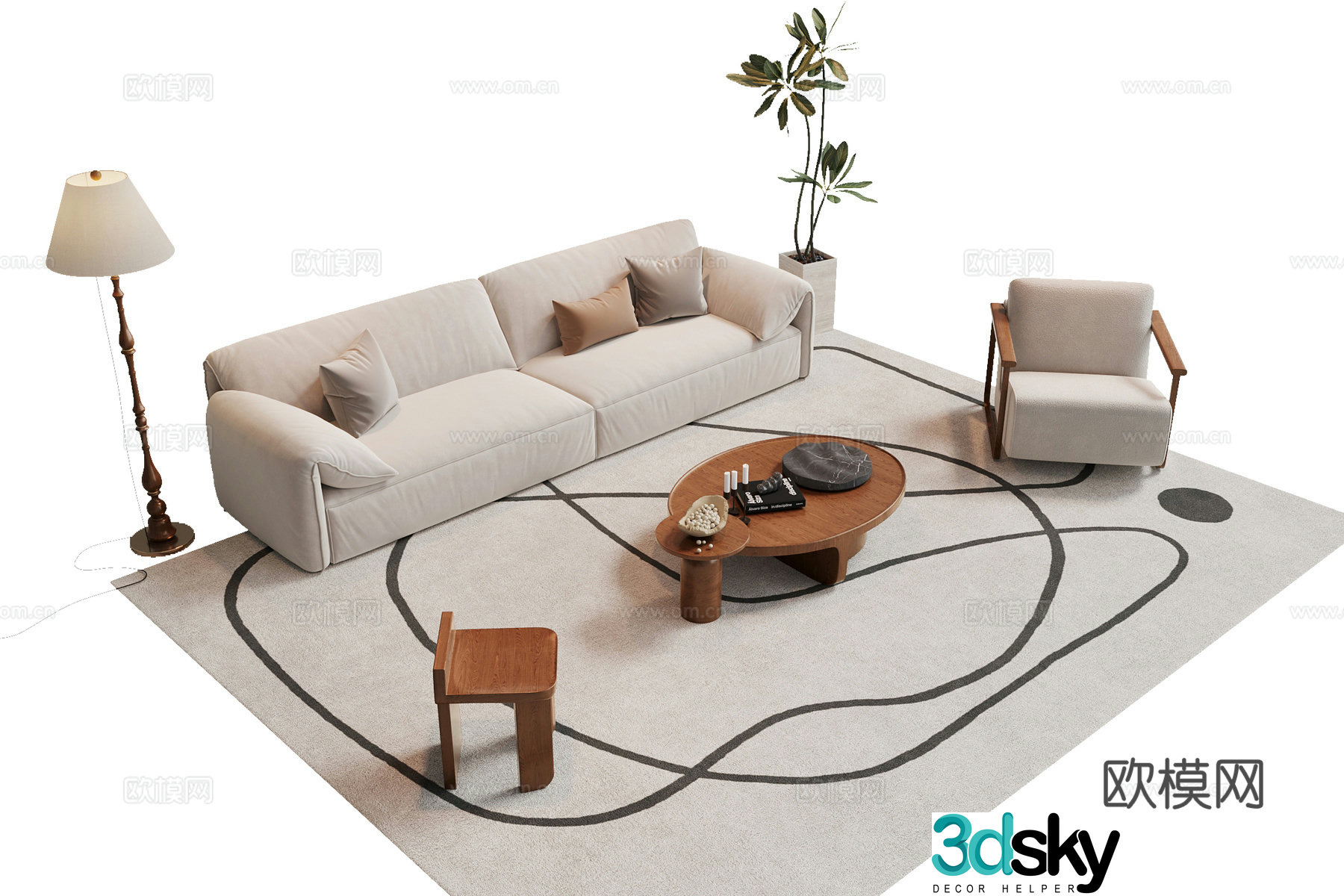 Modern medieval sofa coffee table combination leisure chair punzi three-person sofa floor lamp potted 3D model