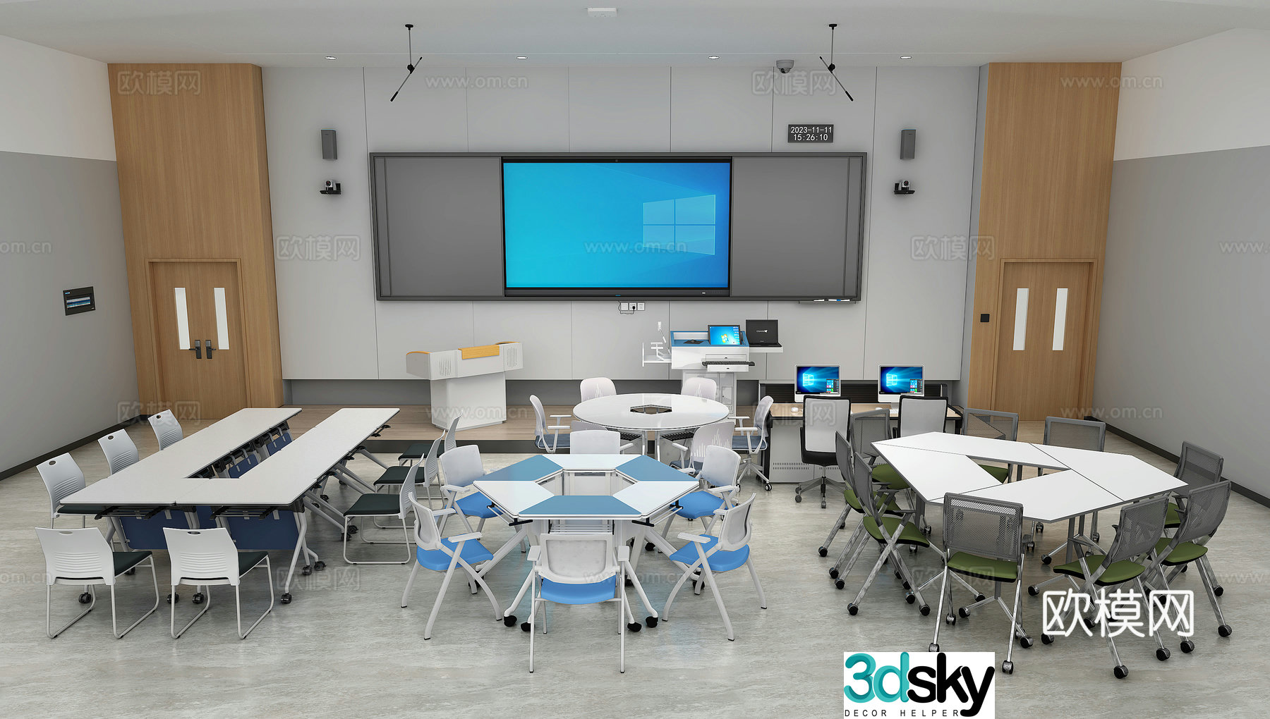 Multimedia classroom desk and chair combination 3D model