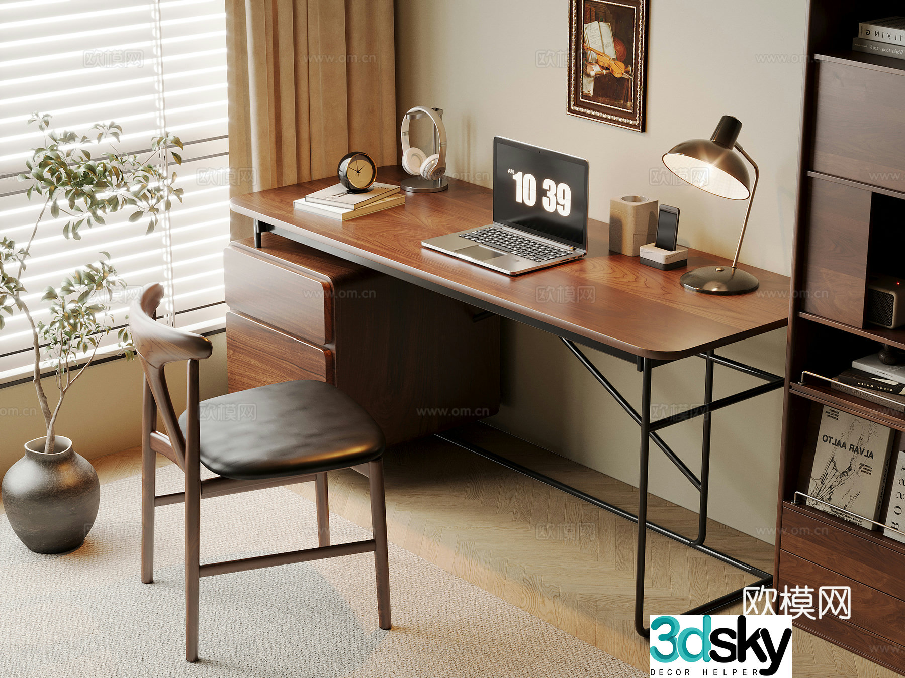 Middle-aged style desk and chair solid wood computer desk and chair writing desk study desk and chair solid wood single chair bookcase 3D model