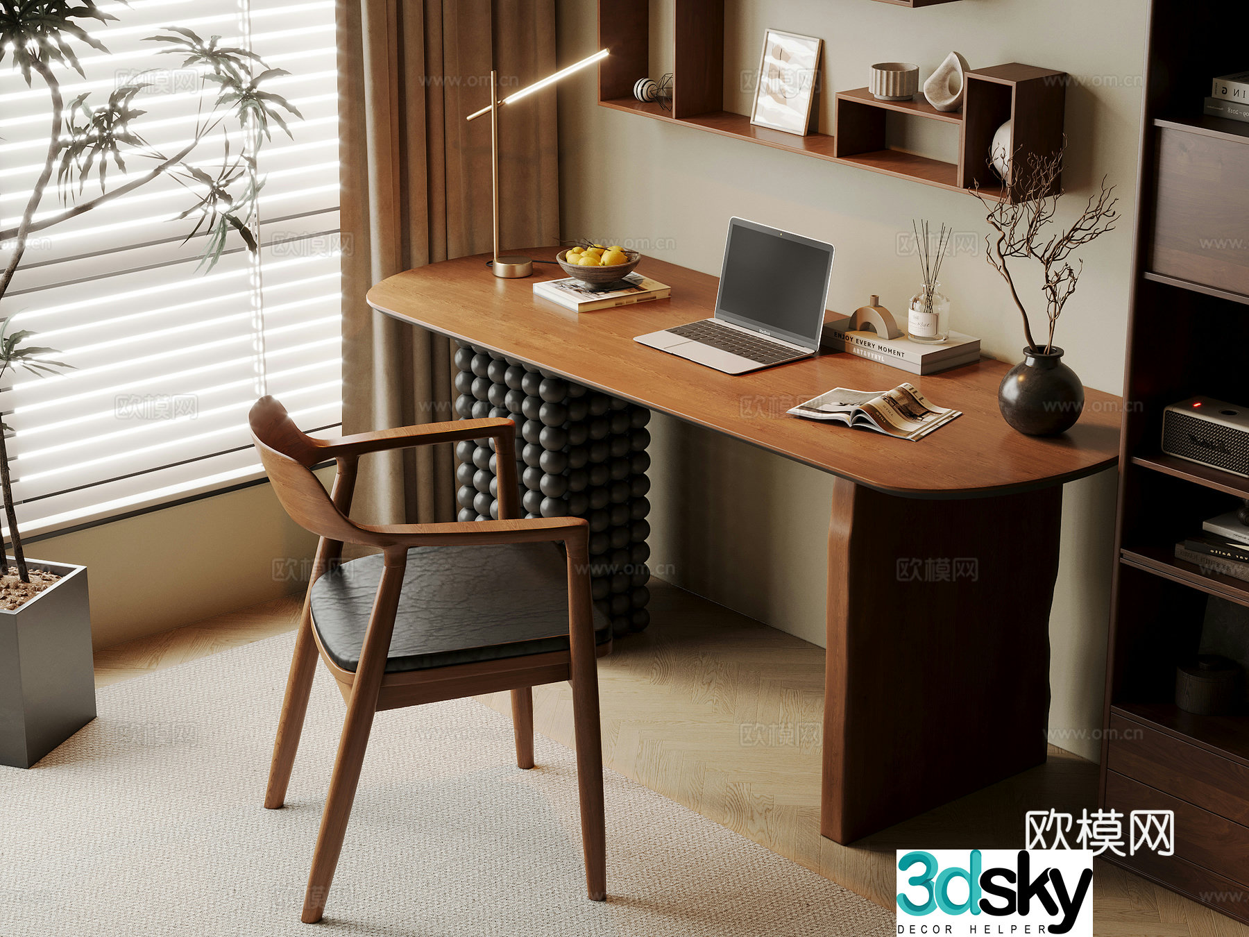 Middle-aged style desk and chair solid wood computer desk and chair writing desk study desk and chair solid wood single chair bookcase 3D model