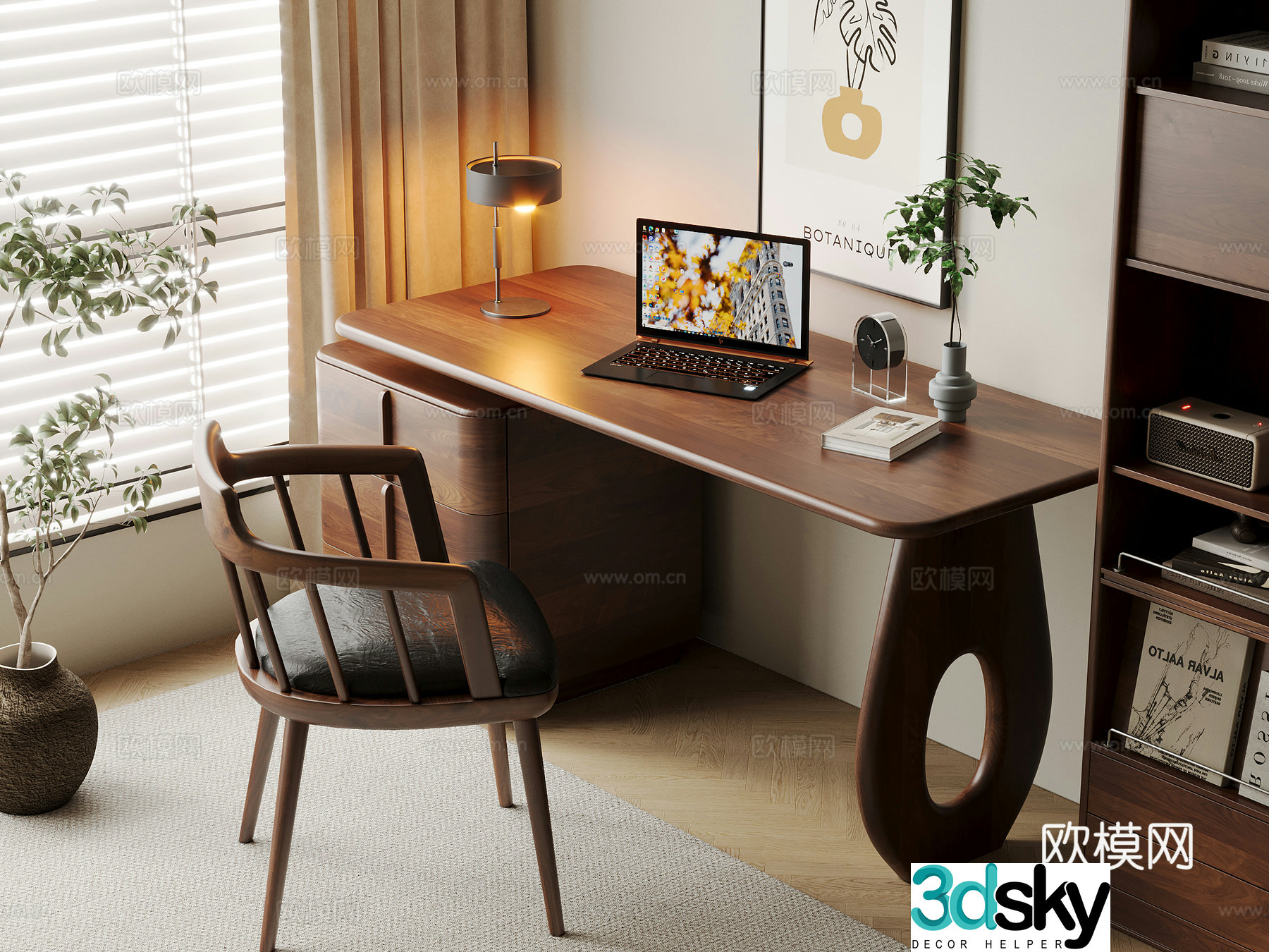 Middle-aged style desk and chair solid wood computer desk and chair writing desk study desk and chair solid wood single chair bookcase 3D model