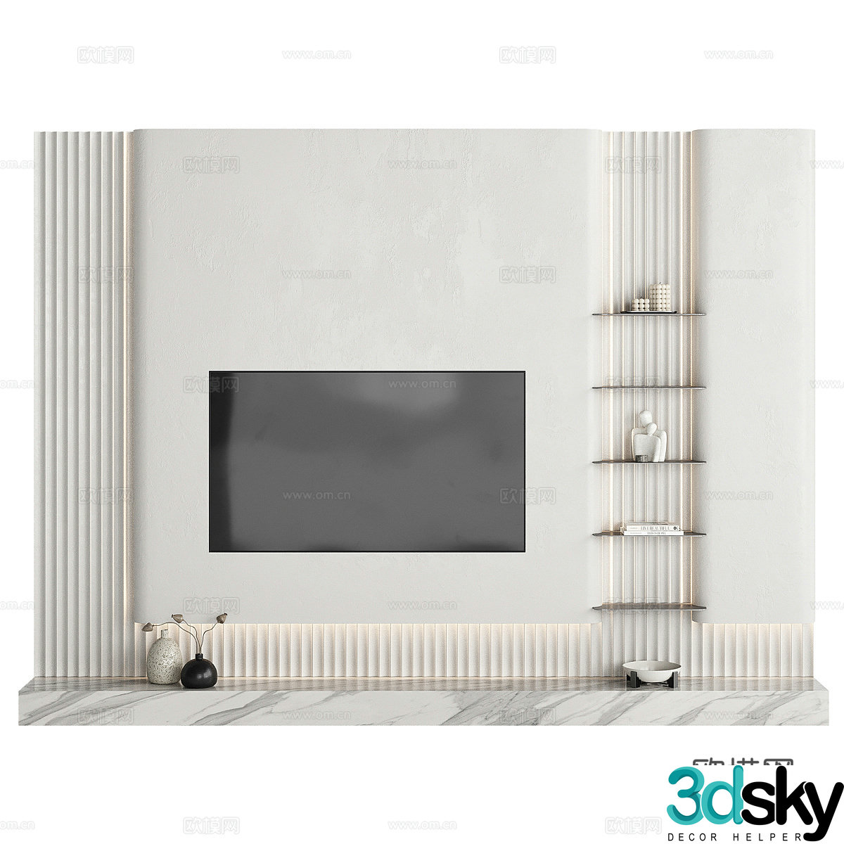 Modern creamy TV background wall 3d model