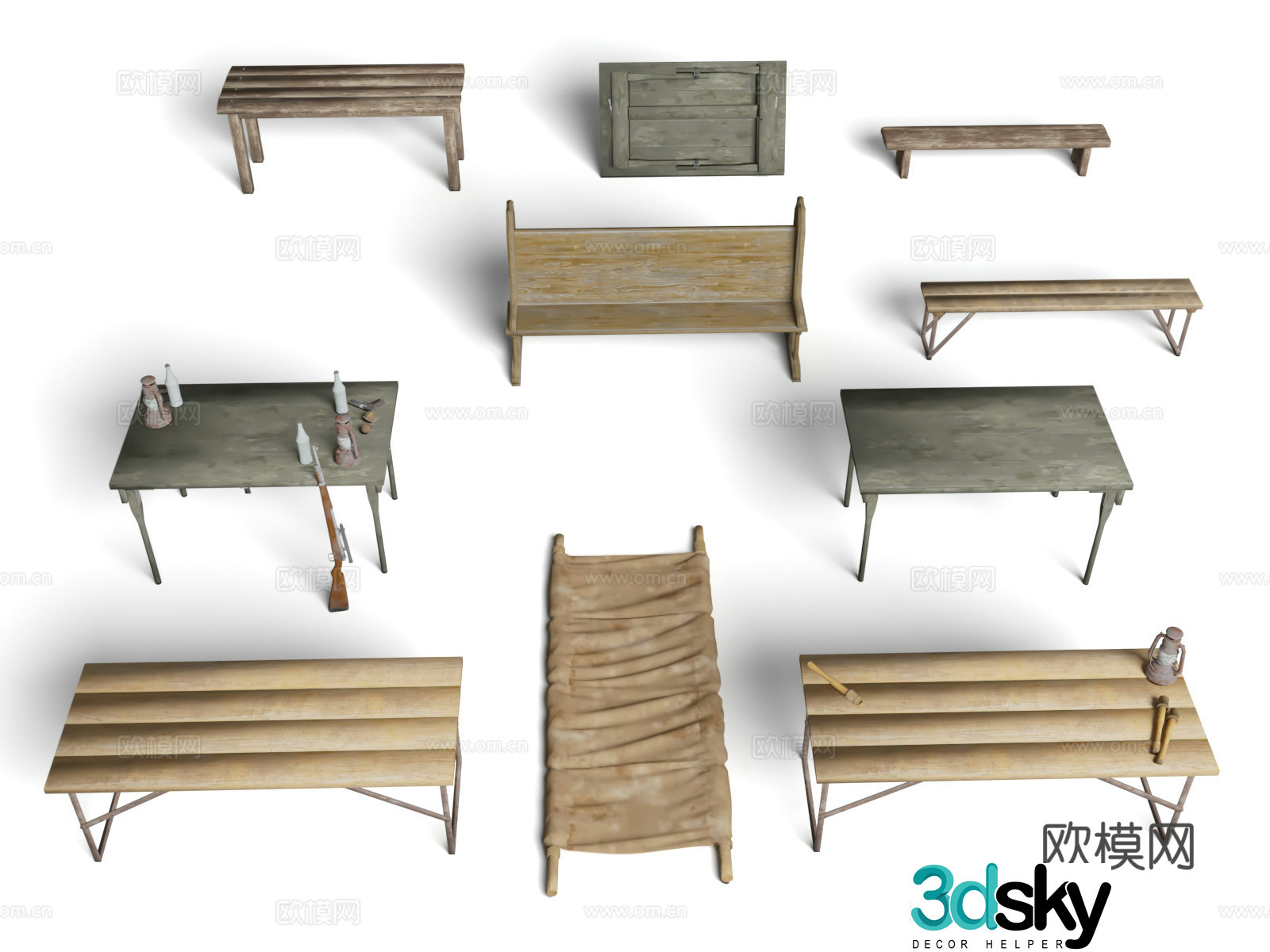Military facilities Medical stretcher Seat Suggested table Bench Kerosene lamp Military theme 3D model