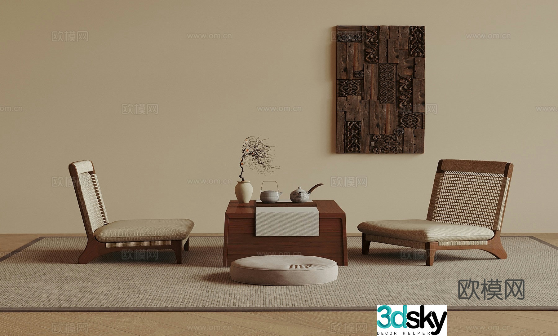 Japanese tatami tea room tea table and chair vase ornament cushion medieval style tatami medieval style 3D model