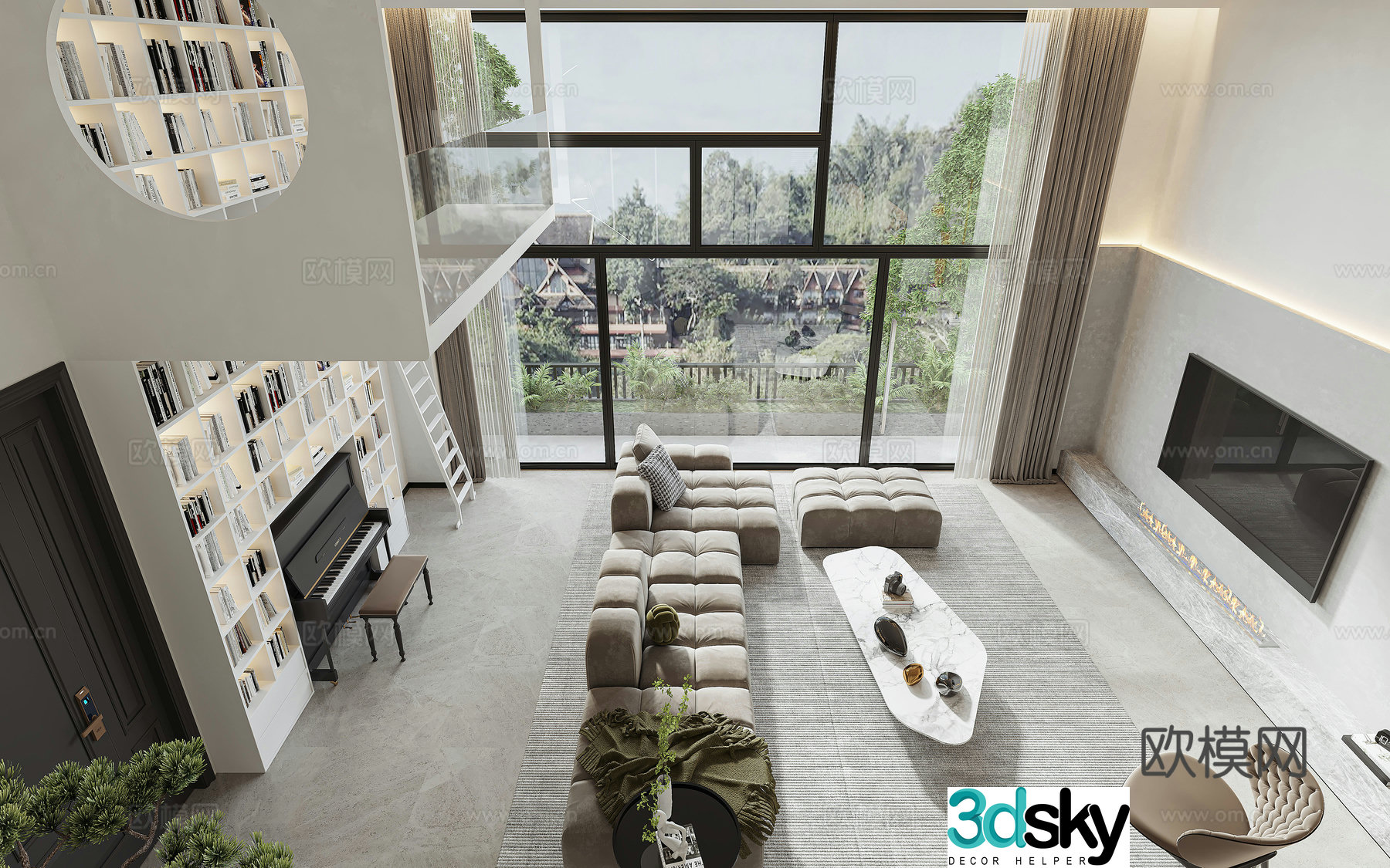 Modern living and dining room 3d model