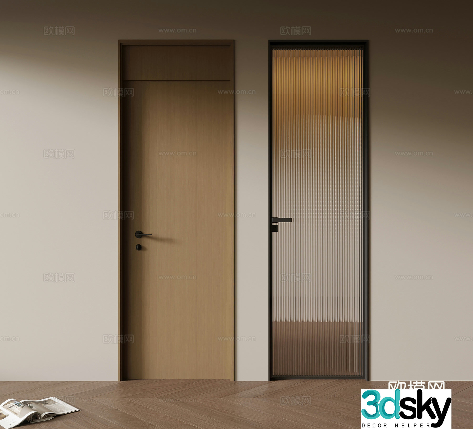 Modern single-open door Interior door Solid wood door Glass door 3D model