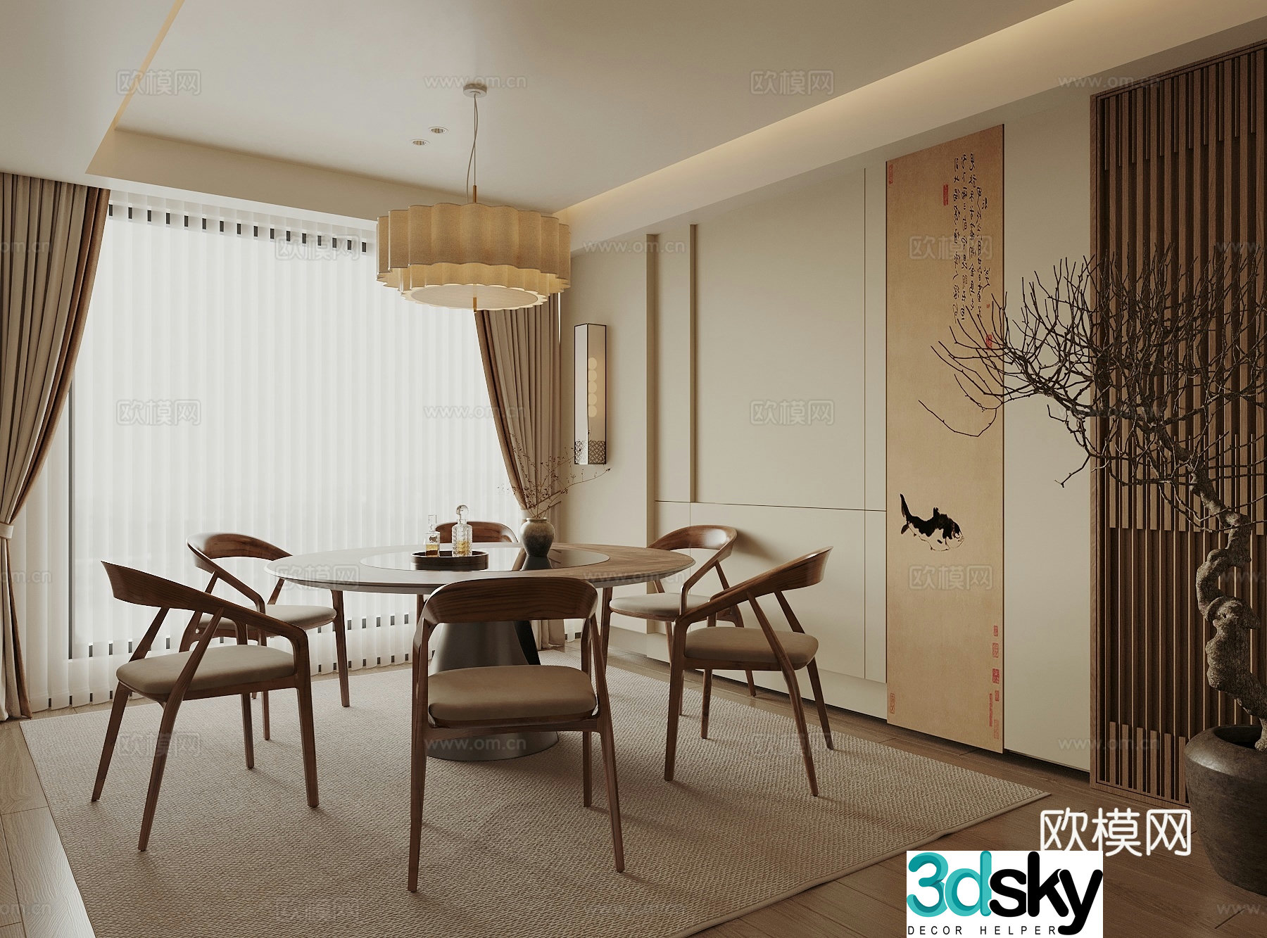 Song style restaurant New Chinese style restaurant Round dining table and chair combination chandeliers curtains Background wall 3D model